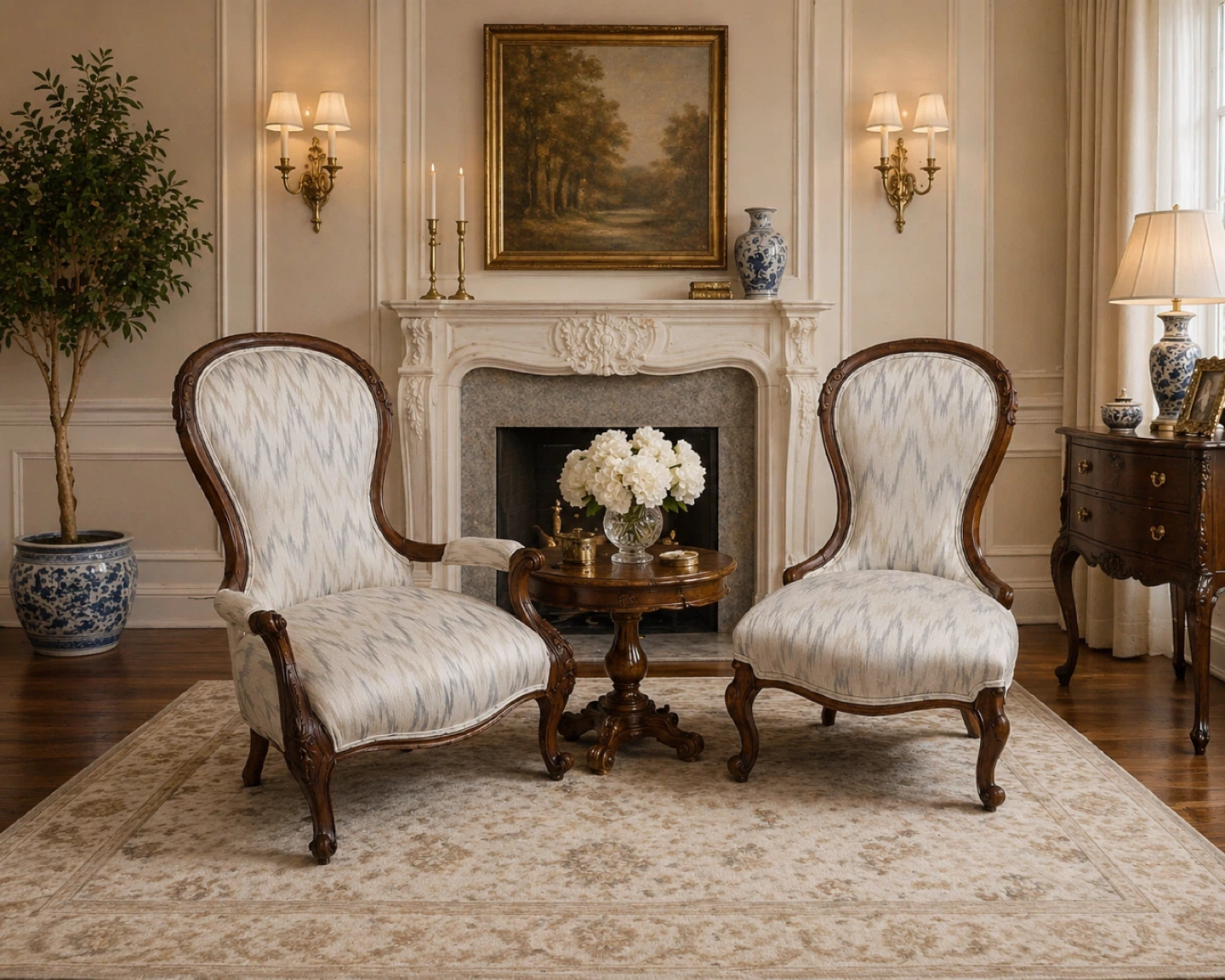 Accent Armchair with Carved Wood Frame