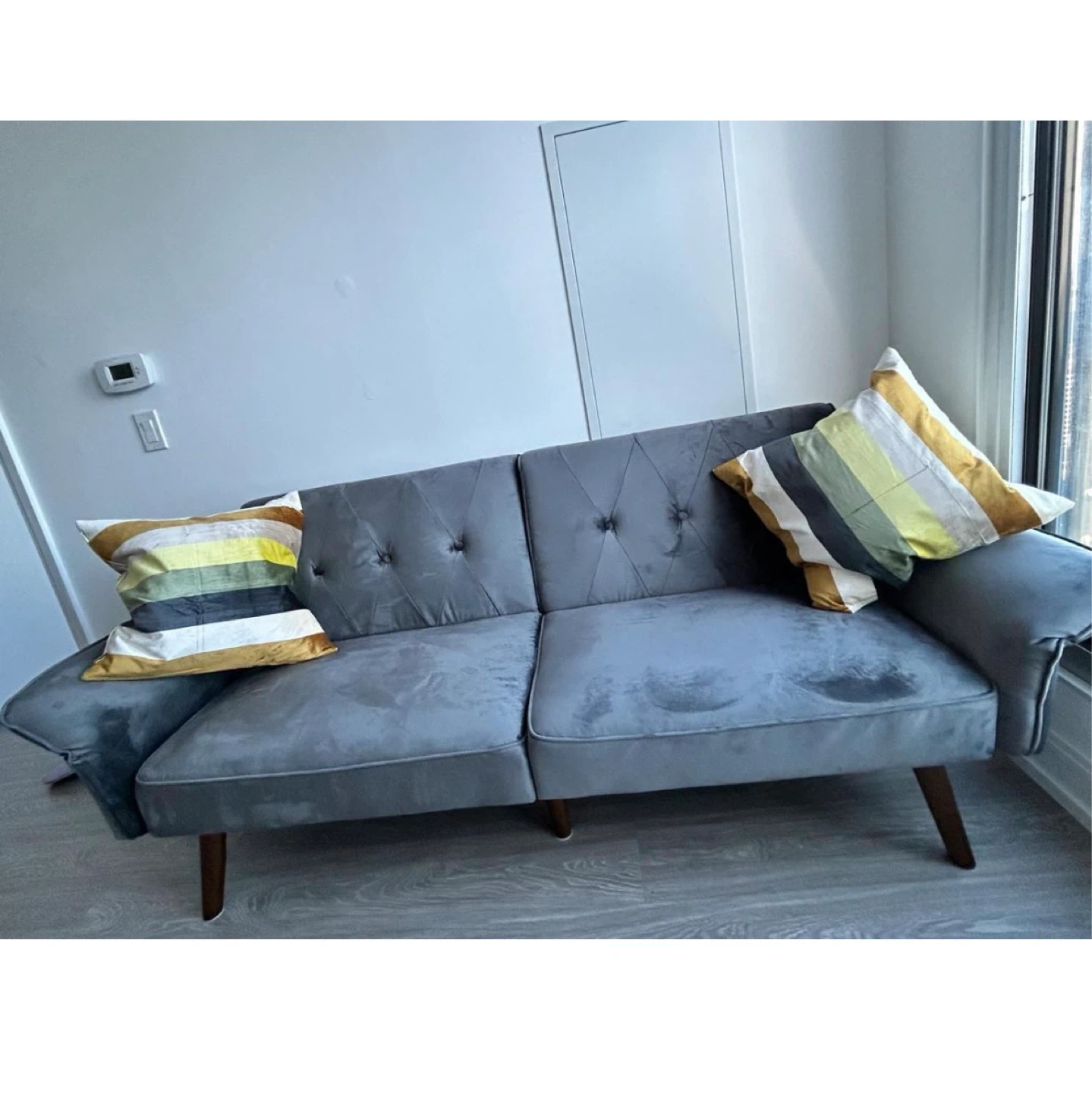 Grey Tufted Sofa with Wooden Legs - photo 3