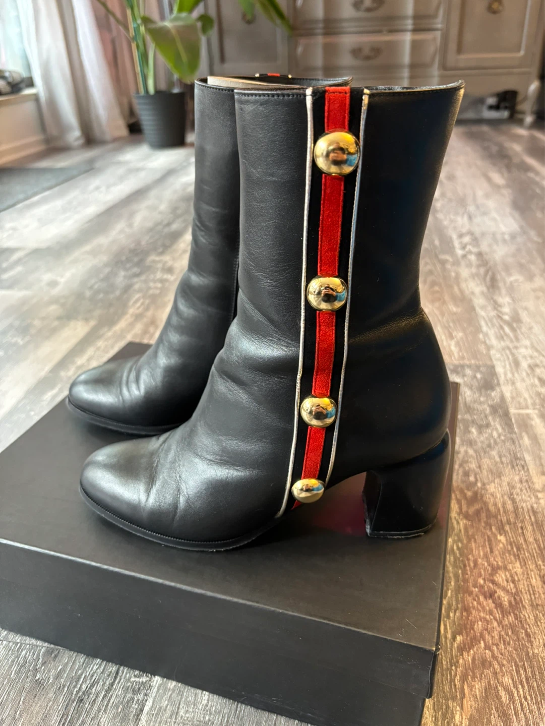Black Leather Boots with Red and Gold Stripe Detail