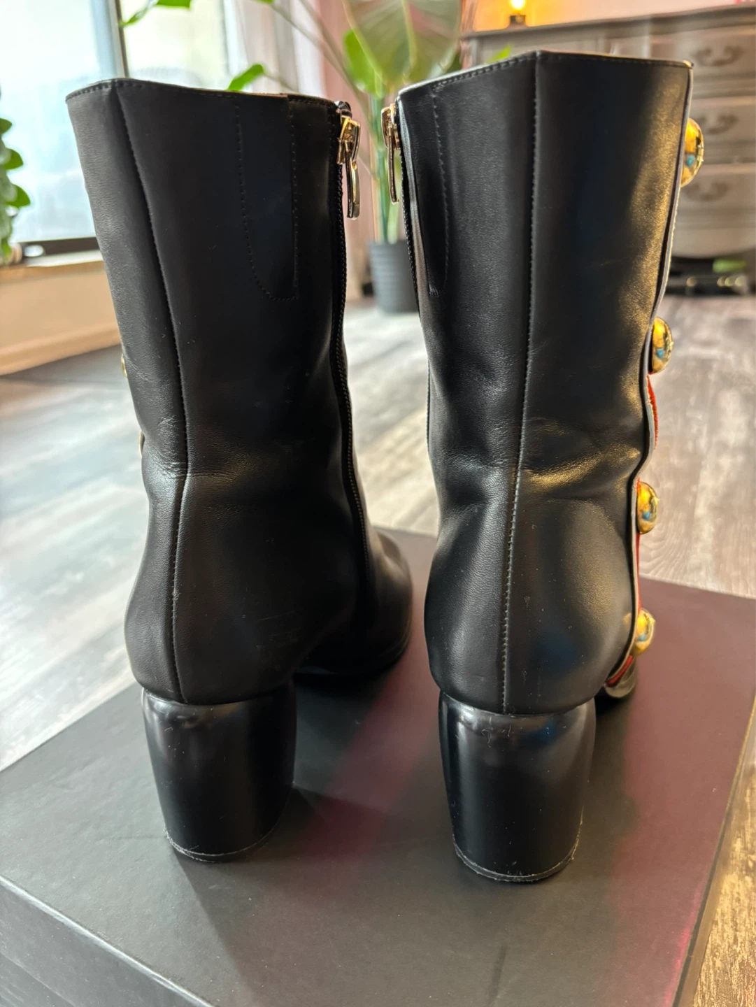 Black Leather Boots with Red and Gold Stripe Detail - photo 3