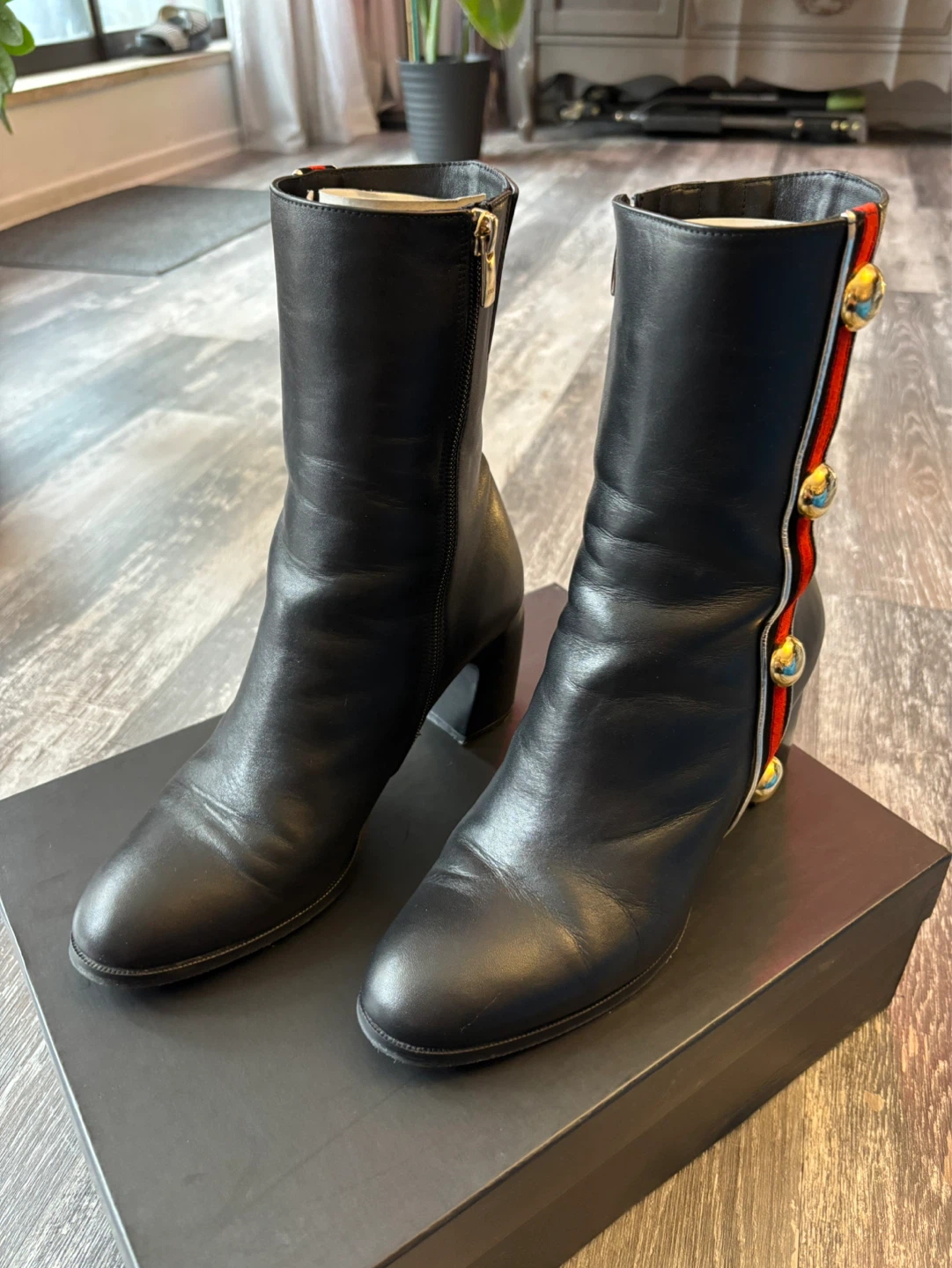 Black Leather Boots with Red and Gold Stripe Detail - photo 2