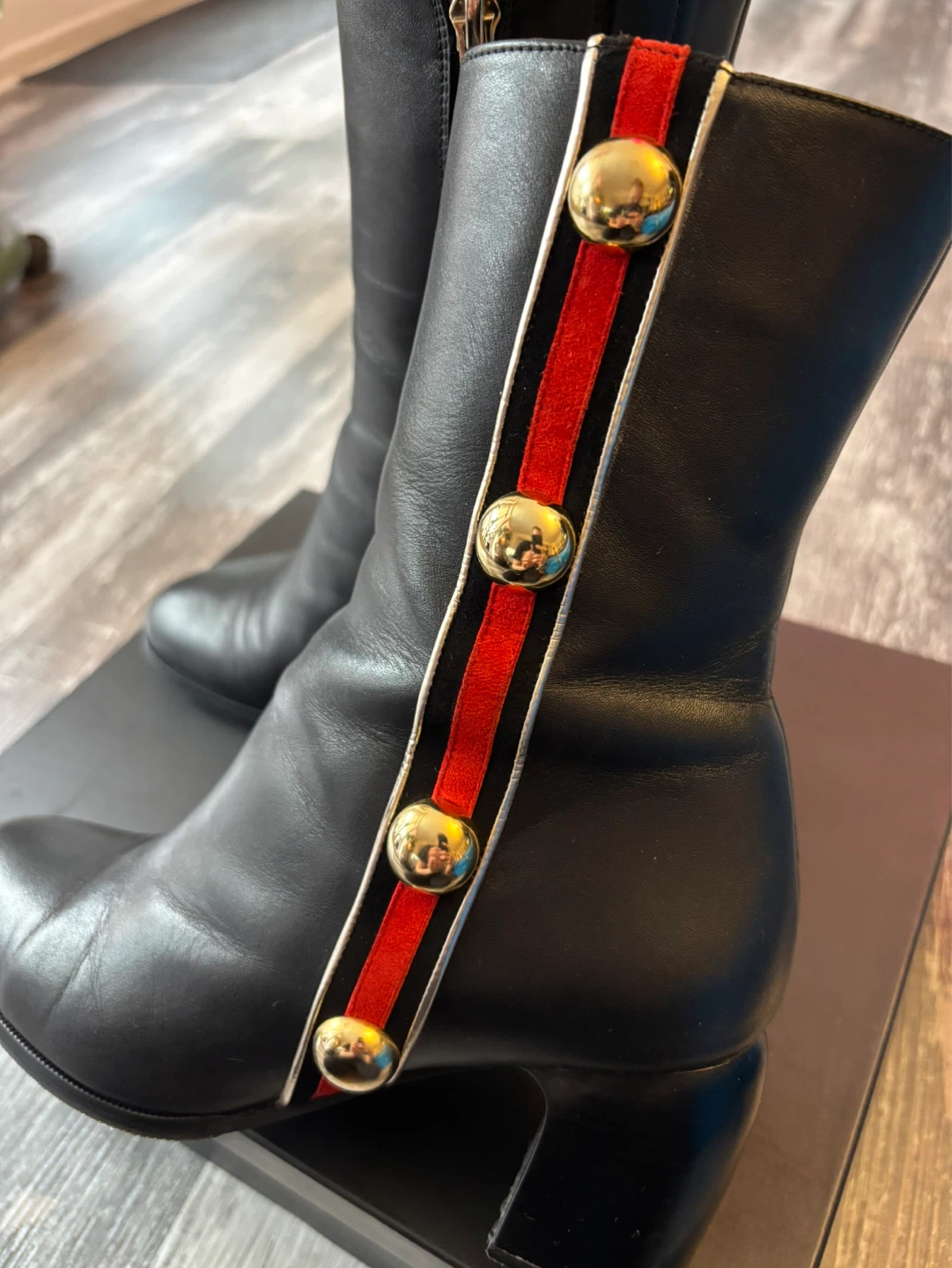 Black Leather Boots with Red and Gold Stripe Detail - photo 4