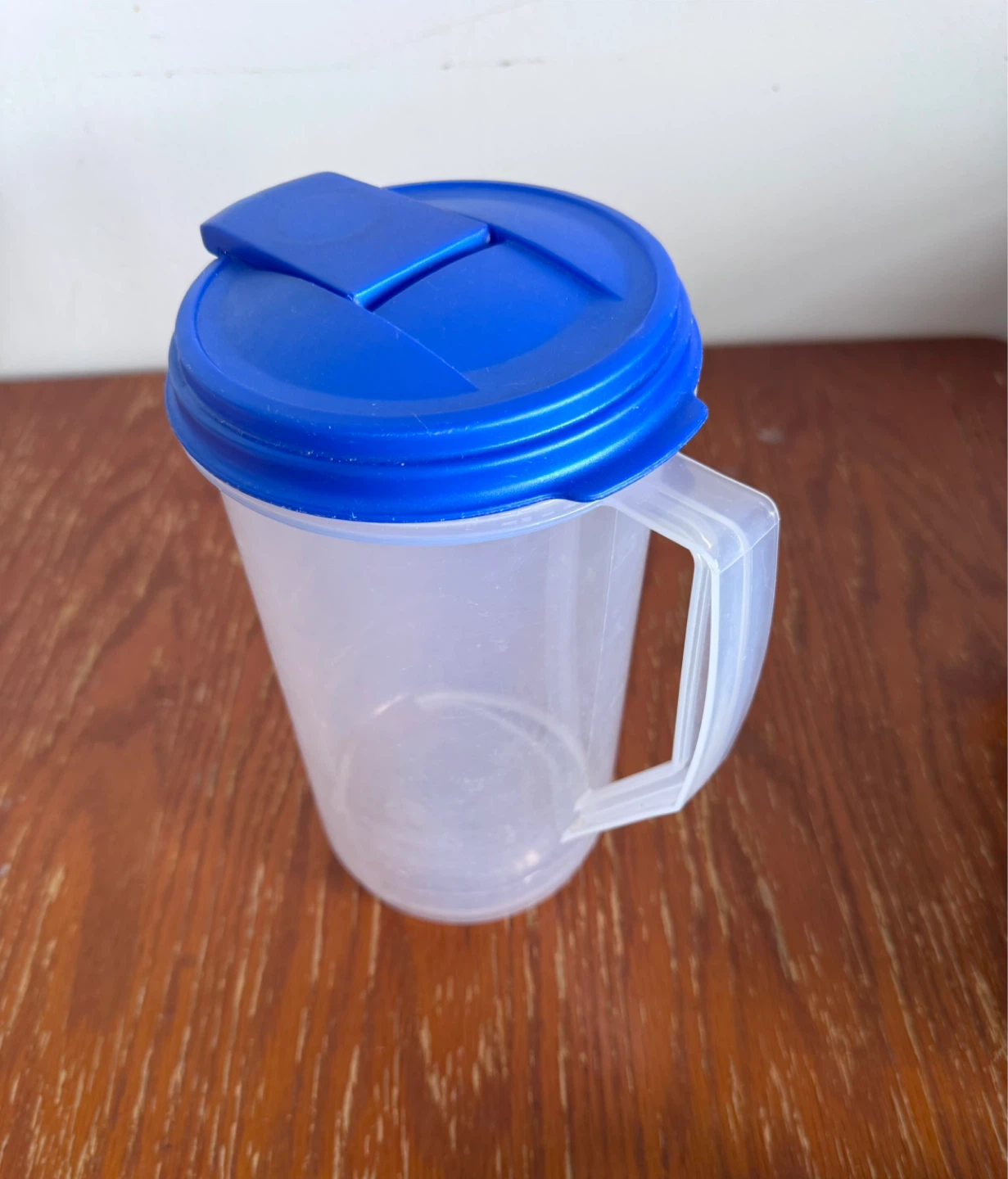 Clear Plastic Pitcher with Blue Lid