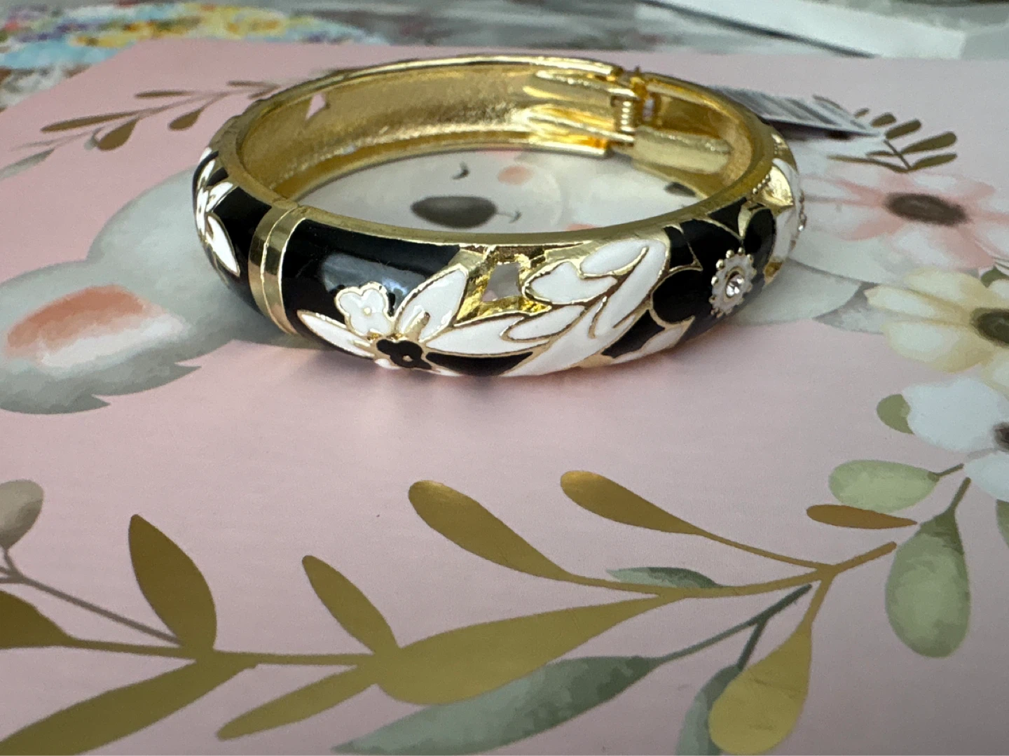 Set of 3 Enamel Floral Bracelets - Blue, Black, Gold - photo 3