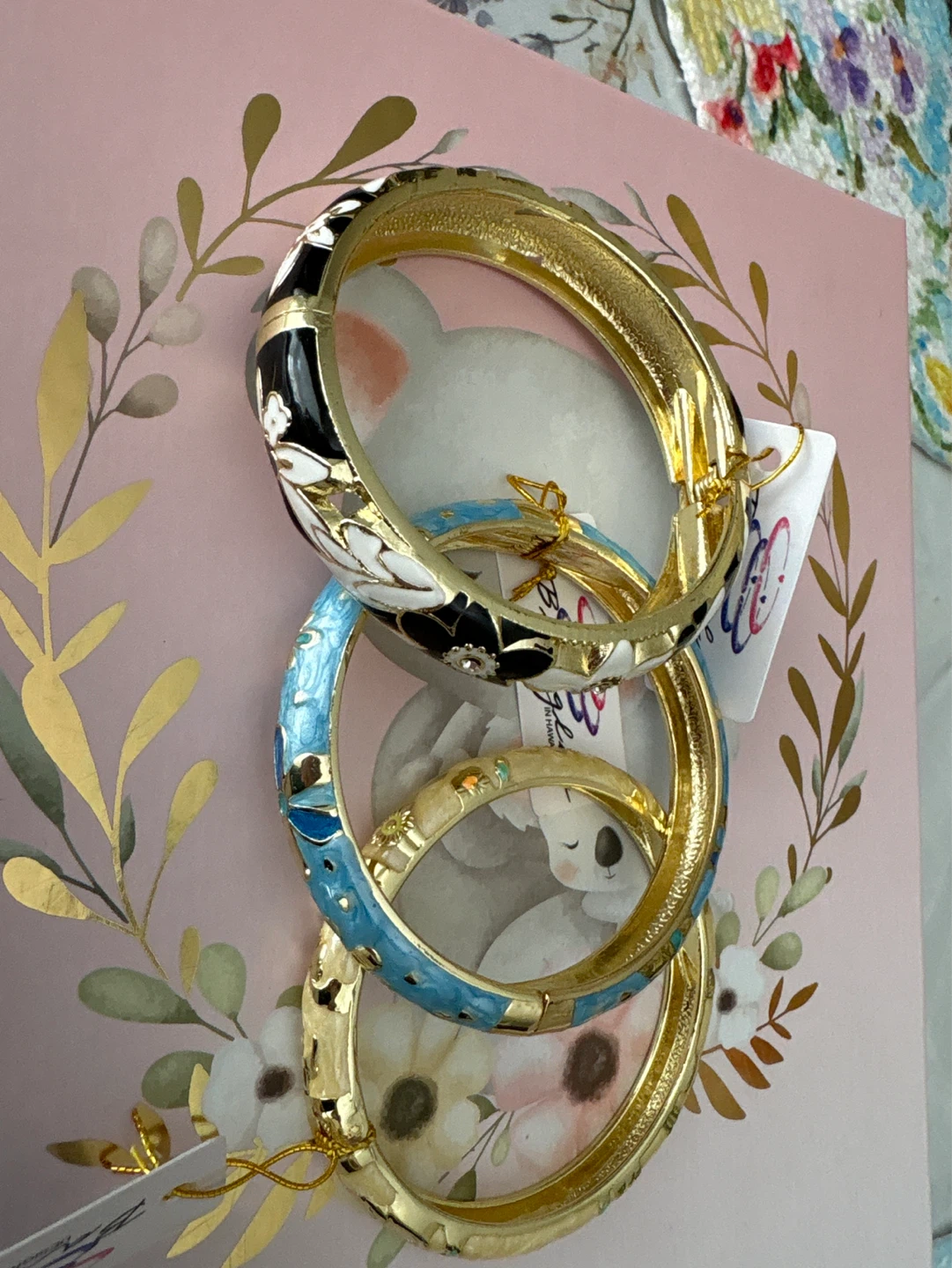 Set of 3 Enamel Floral Bracelets - Blue, Black, Gold - photo 2