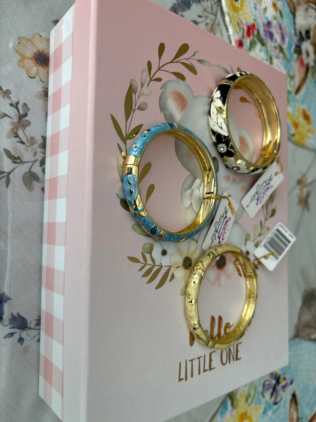 Set of 3 Enamel Floral Bracelets - Blue, Black, Gold