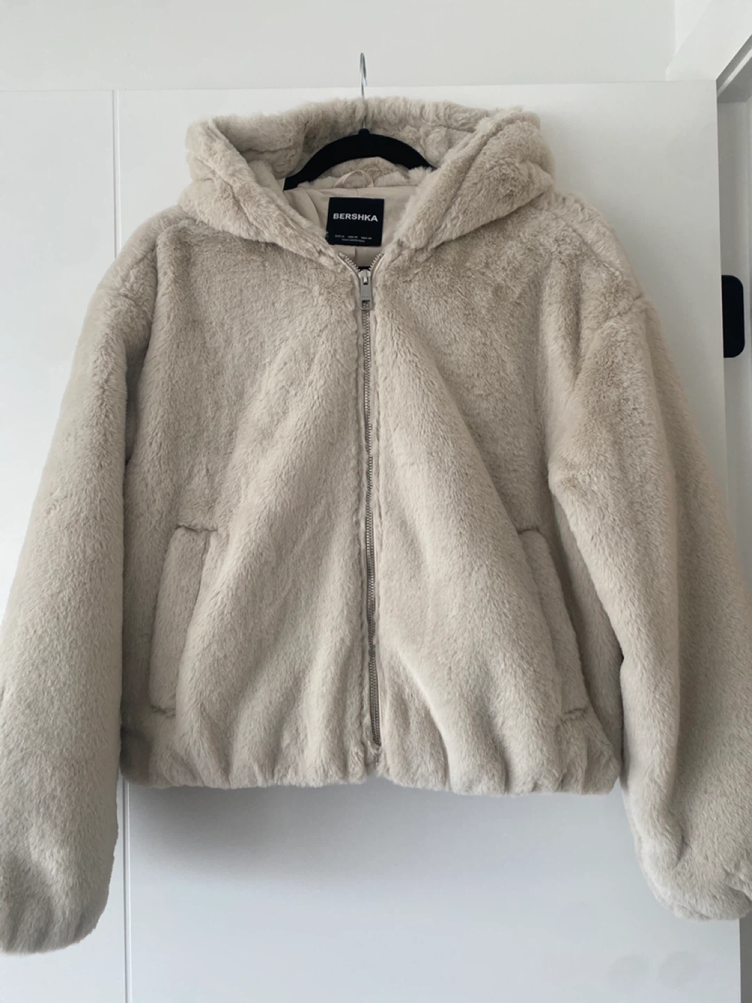 Bershka Women's Faux Fur Hooded Jacket - Beige