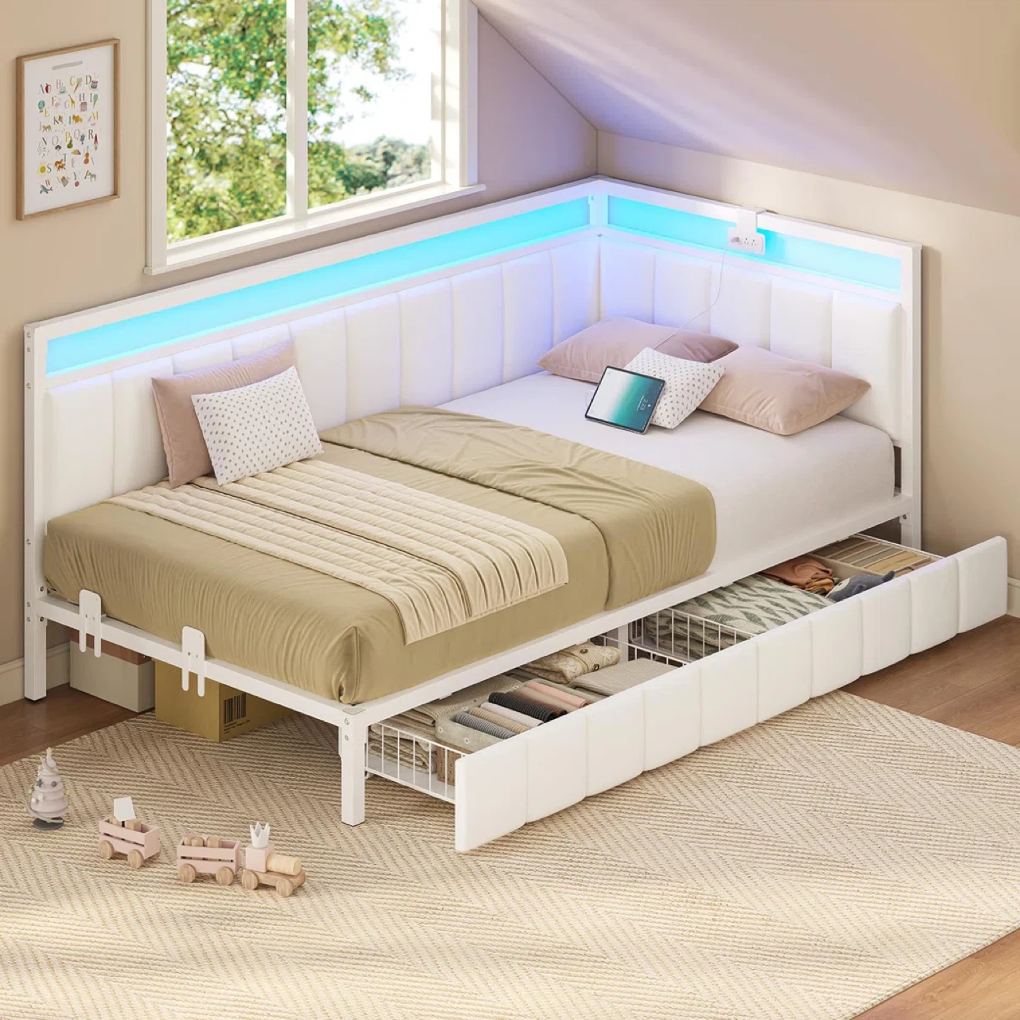 Corner Single bed frame with storage drawers-Beige - photo 2
