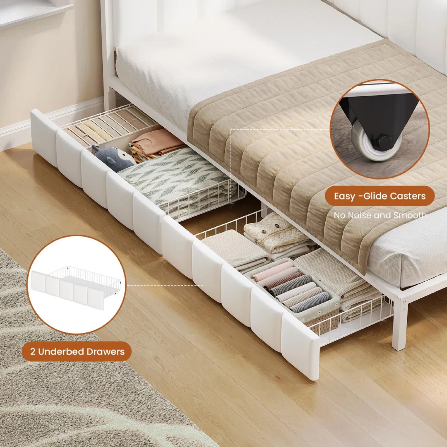 Corner Single bed frame with storage drawers-Beige - photo 4