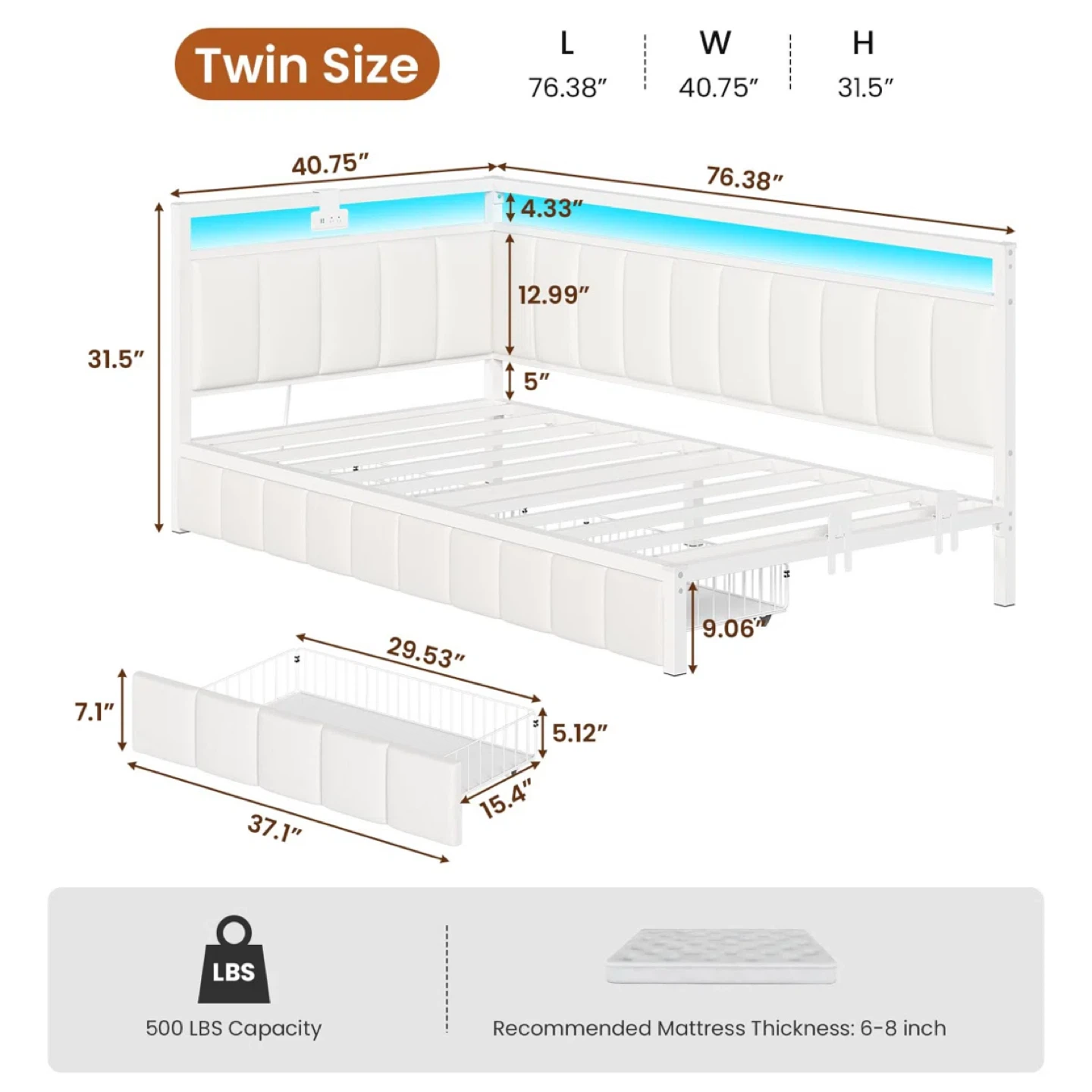 Corner Single bed frame with storage drawers-Beige
