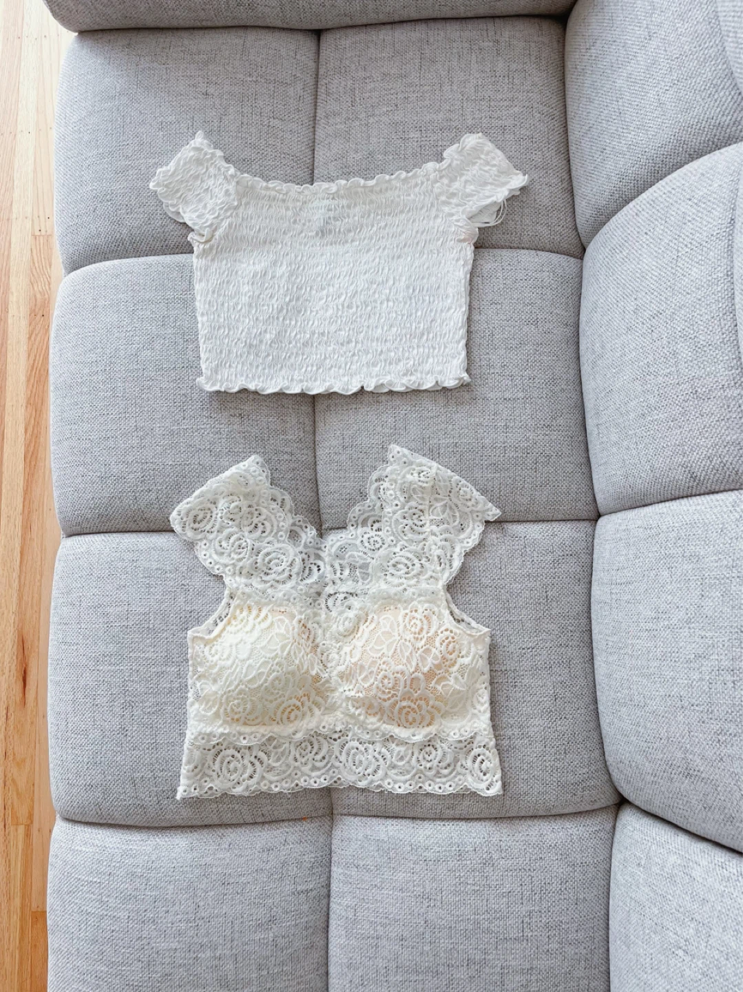 White Smocked Bardot Crop Top & Lace Bralette - Size XS