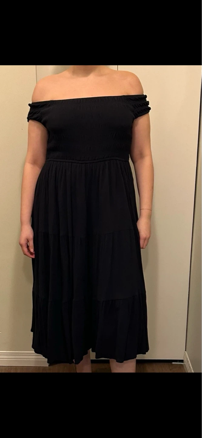 Oak and Fort, Black Off-the-Shoulder Tiered Midi Dress