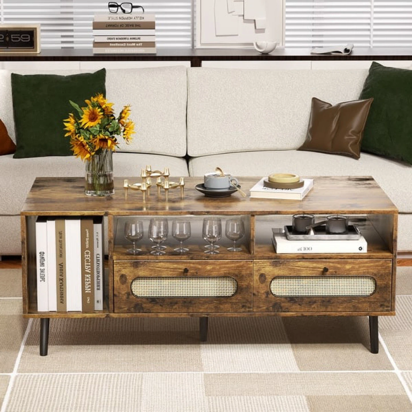 Mixoy Coffee Table with 3 Open Shelves and 2 Storage Cabinets