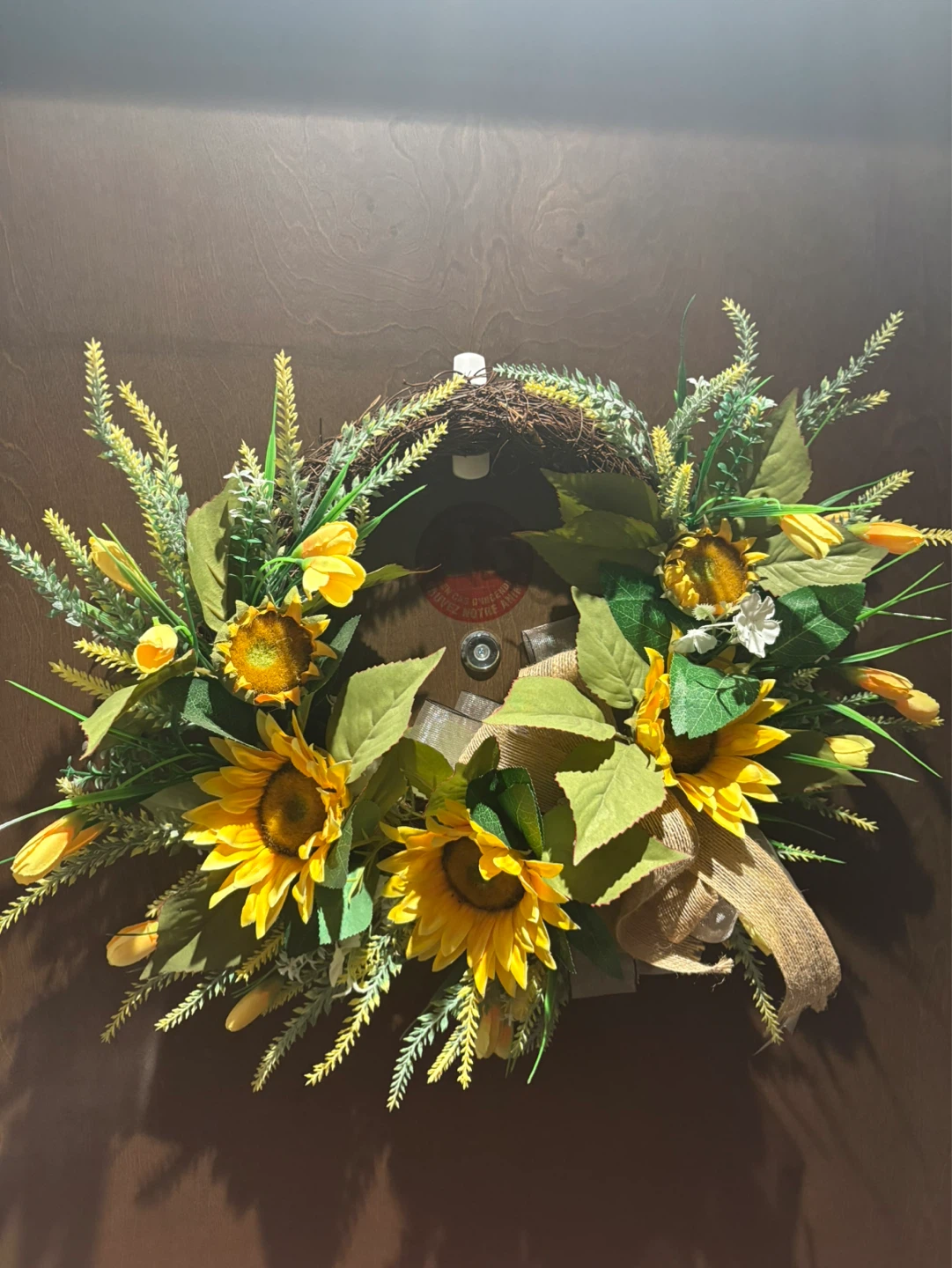 Sunflower and Tulip Wreath with Burlap Bow