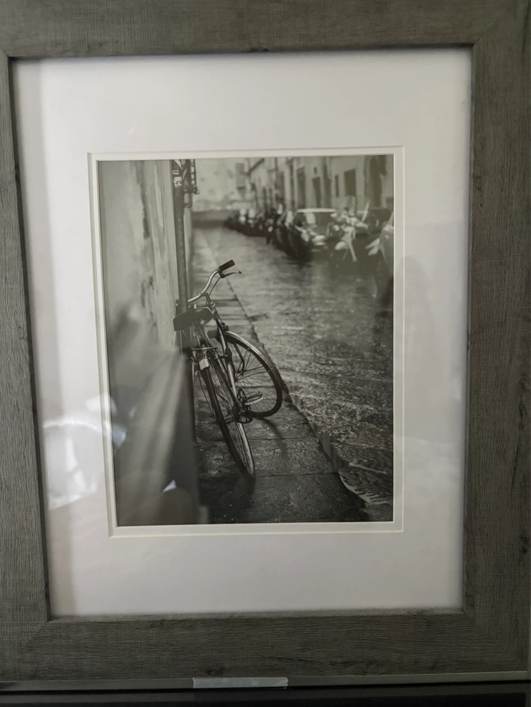 Framed Black and White Photograph of Bicycle by Canal