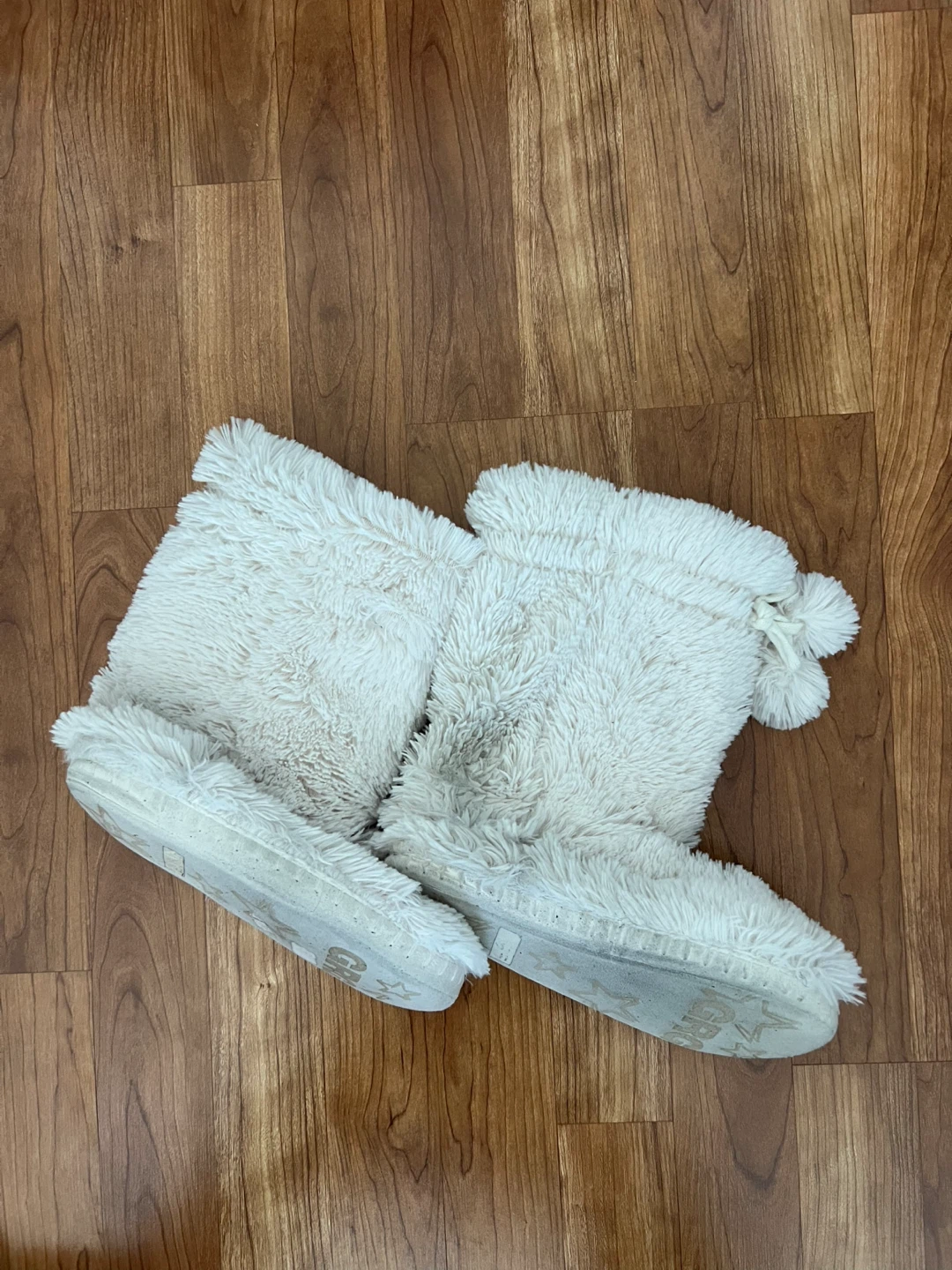 White Faux Fur Boot Slippers with Pom Poms - photo 2
