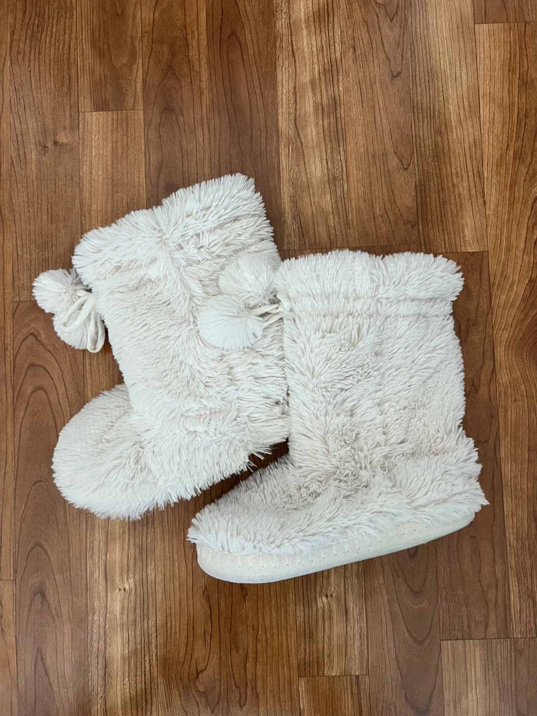 White Faux Fur Boot Slippers with Pom Poms