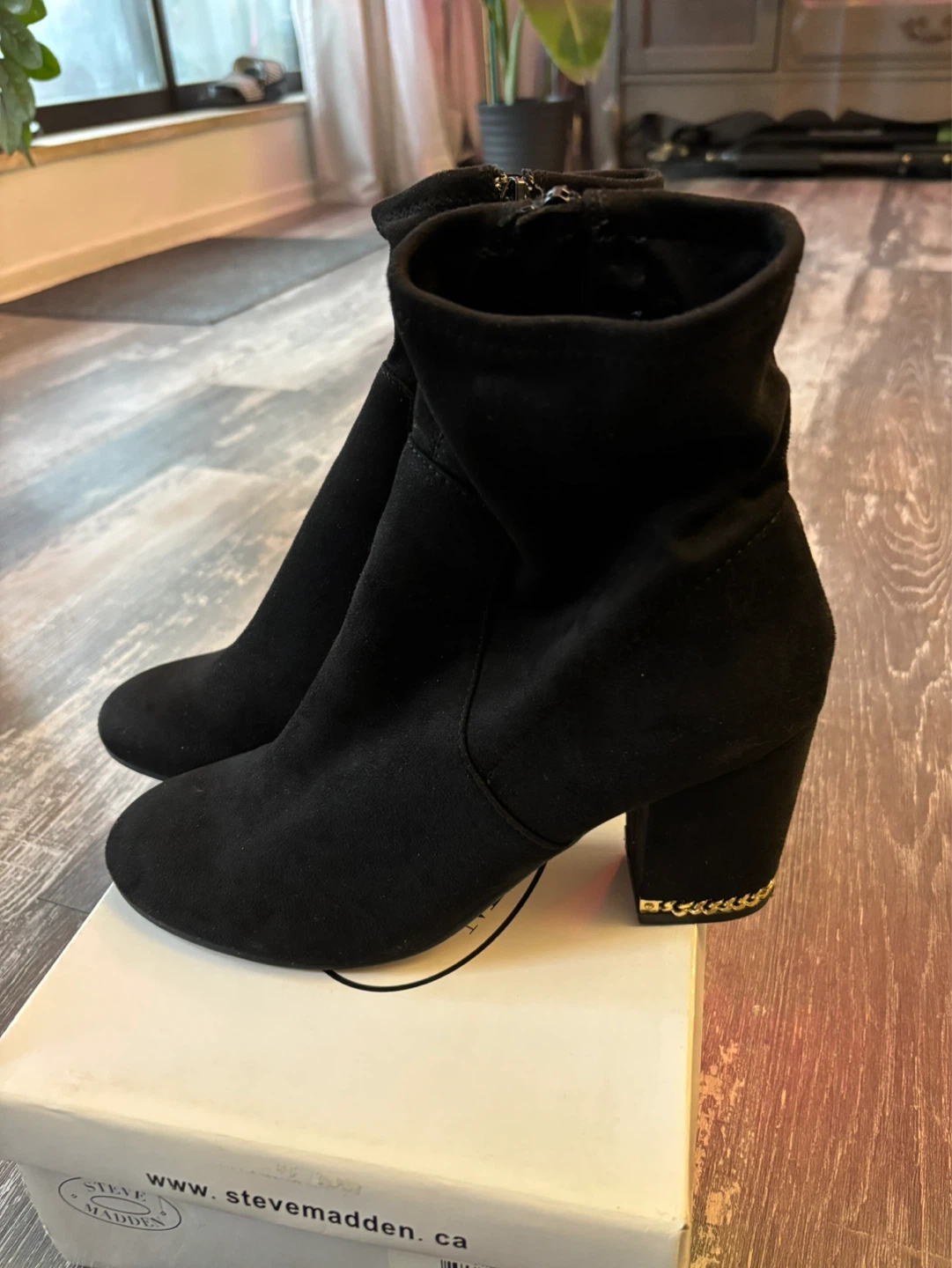 Steve Madden Black Suede Ankle Boots with Chain Detail