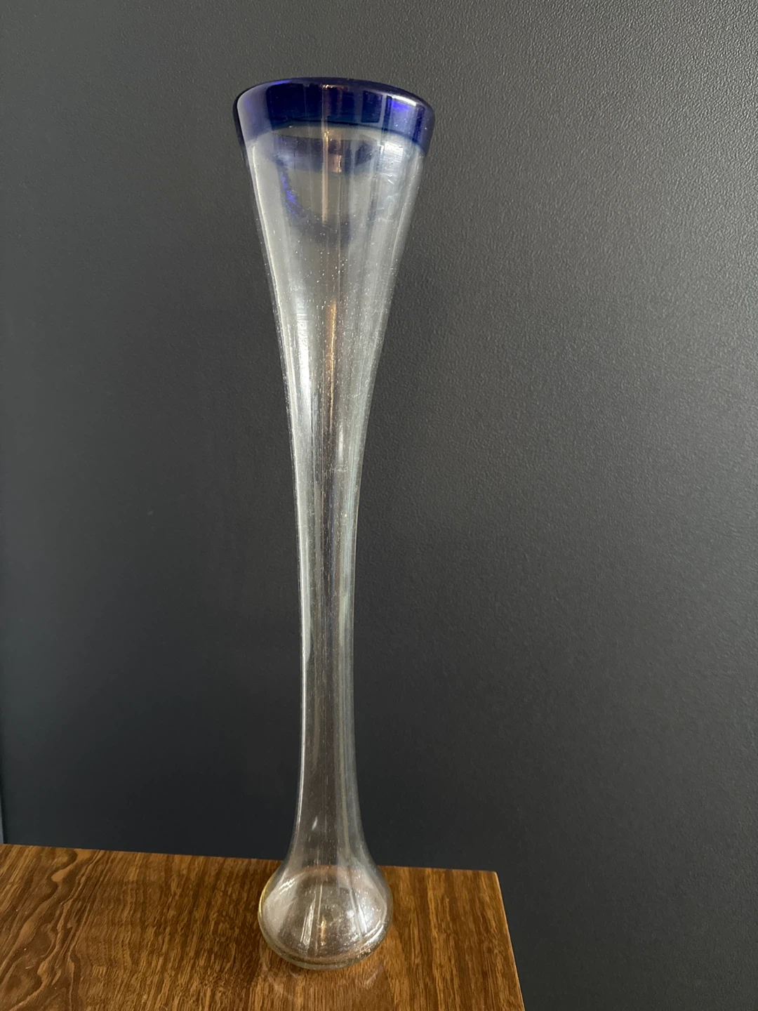Beer Glass or Tall Blue Rimmed Glass Vase