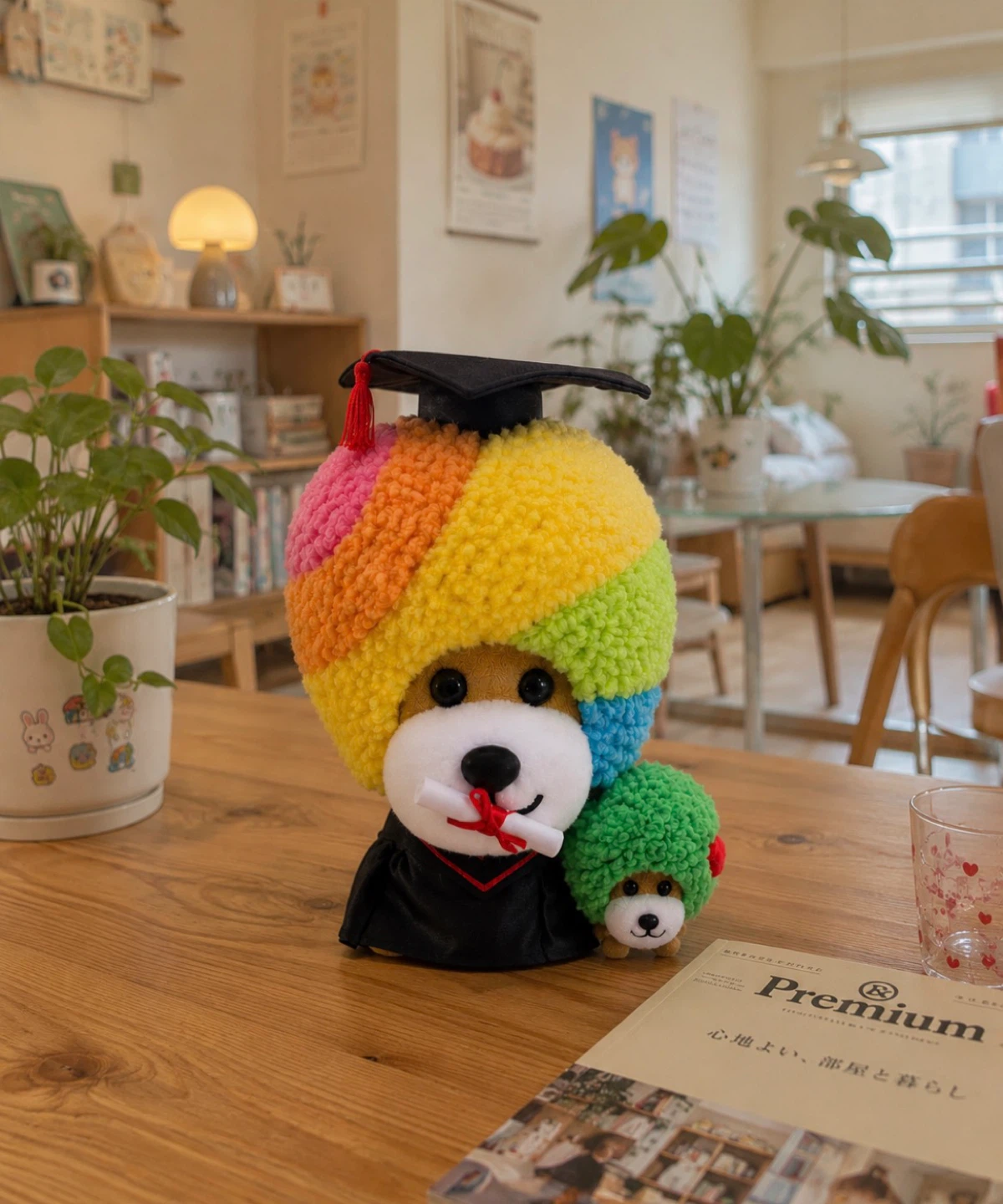Plush Graduation Dog with Rainbow Hat