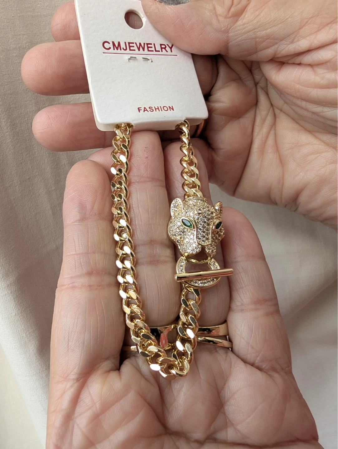 CM 14k Gold  laminatedPanther Charm Bracelet with Rhinestones