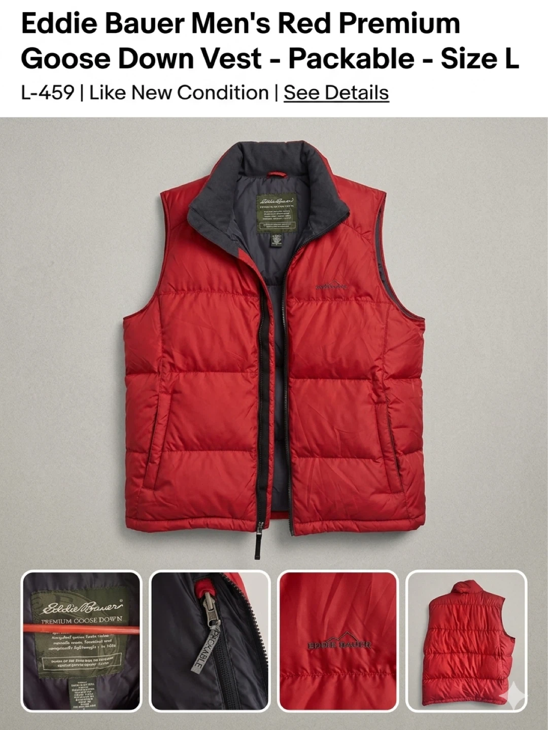 Eddie Bauer Men's Red Premium Goose Down Vest - Size L
