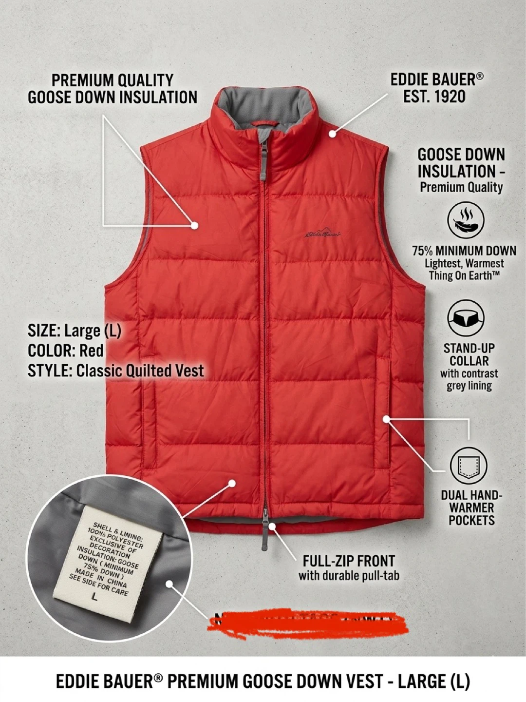 Eddie Bauer Red Goose Down Quilted Vest - Large
