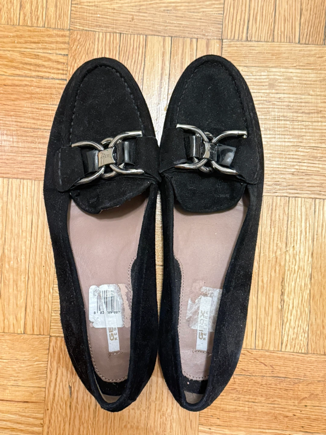 Geox Black Suede Loafers with Silver Buckle Detail