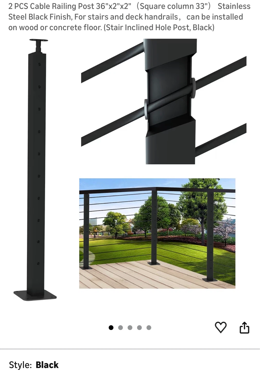 2 PCS Black Steel Cable Railing Posts 36" Stairs and Deck CR6