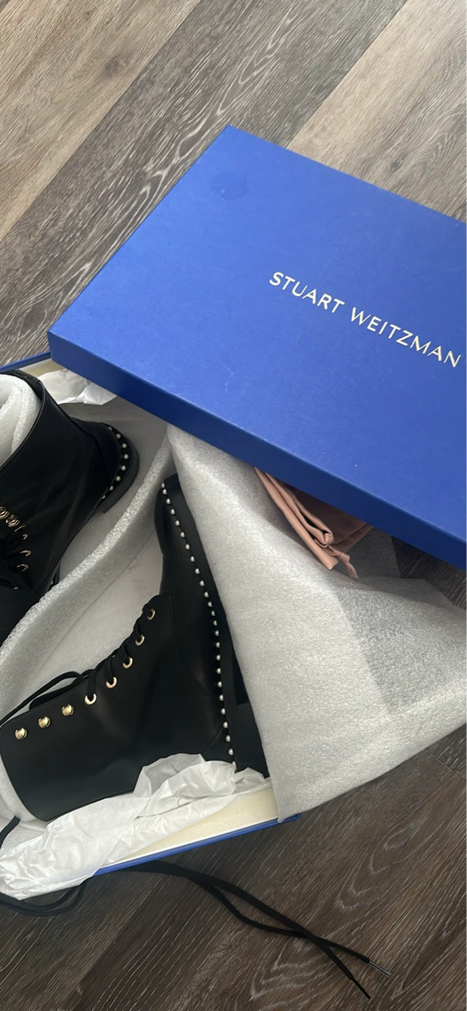 Stuart Weitzman Black Leather Studded Combat Boots Size 8 B - photo 2
