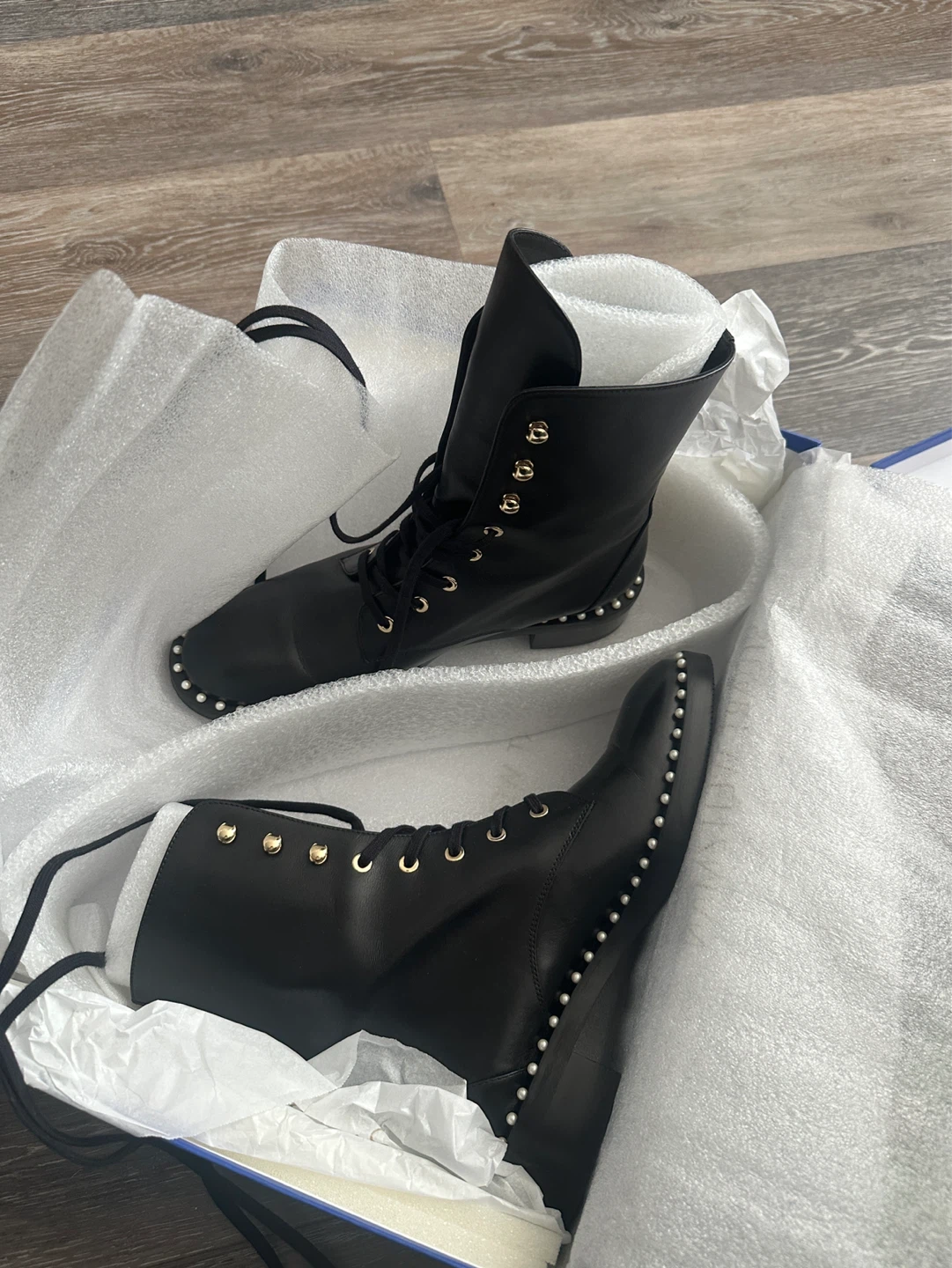 Stuart Weitzman Black Leather Studded Combat Boots Size 8 B