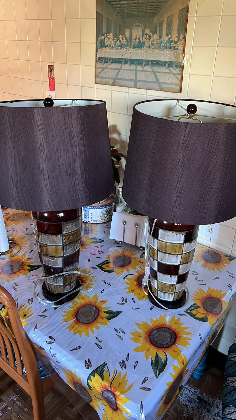 Pair of Ceramic Table Lamps with Dark Brown Shades