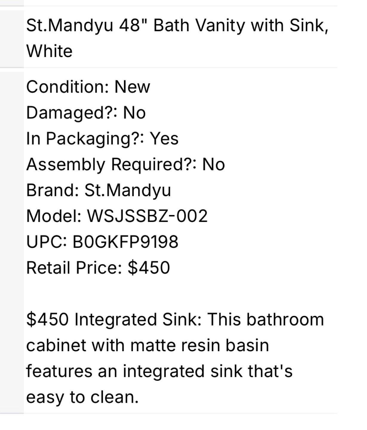 St.Mandyu 48" Bath Vanity with Sink, White - photo 3