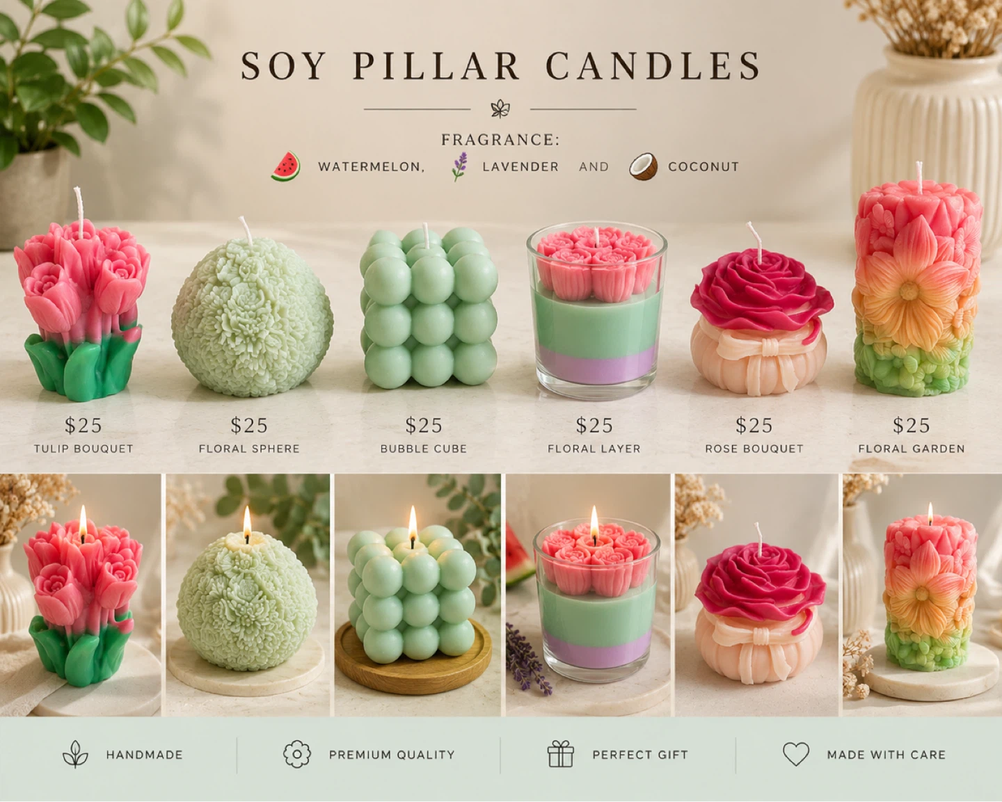 Soy Pillar Candles - Floral Garden Scent