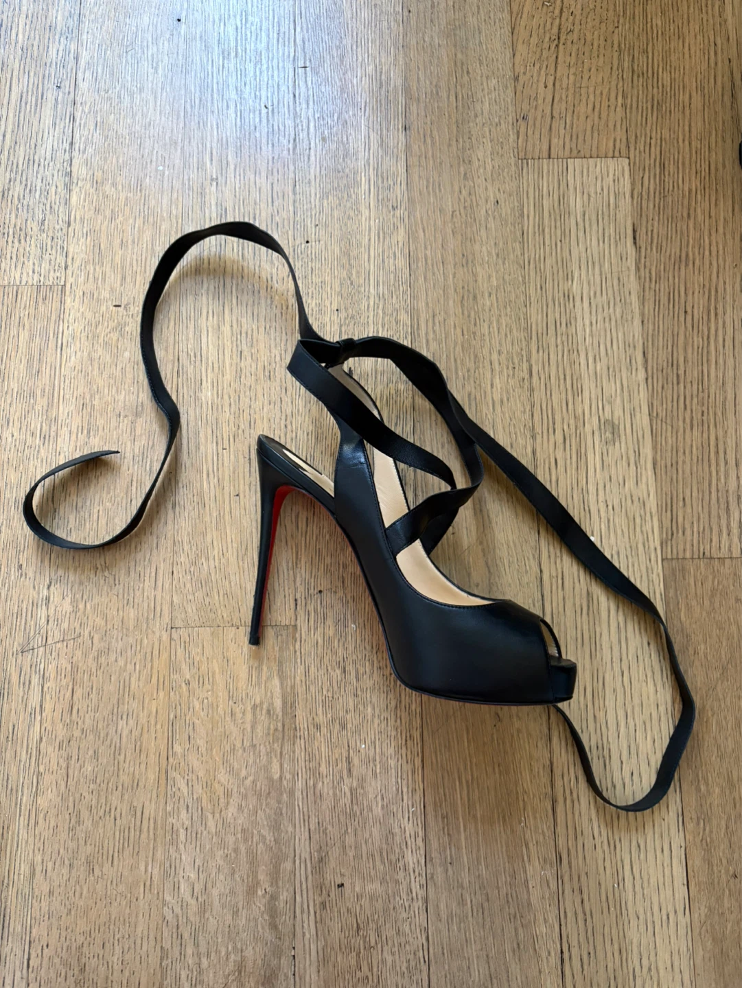 Christian Louboutin Black Leather Peep-Toe Ankle Wrap Heels