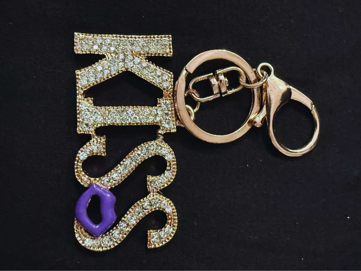Rhinestone KISS Keychain with Purple Lips Charm
