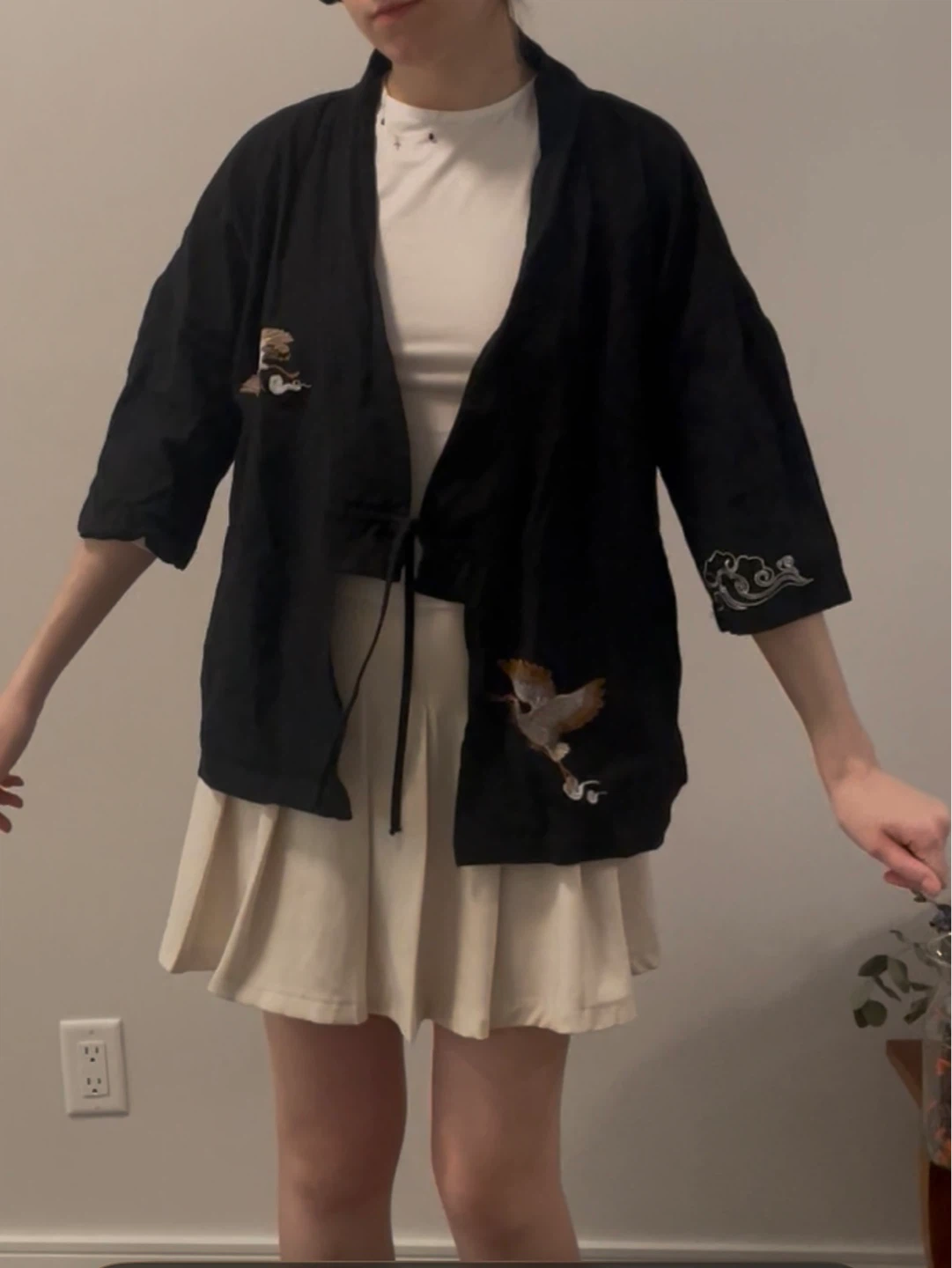 Black Kimono Jacket with Crane Embroidery