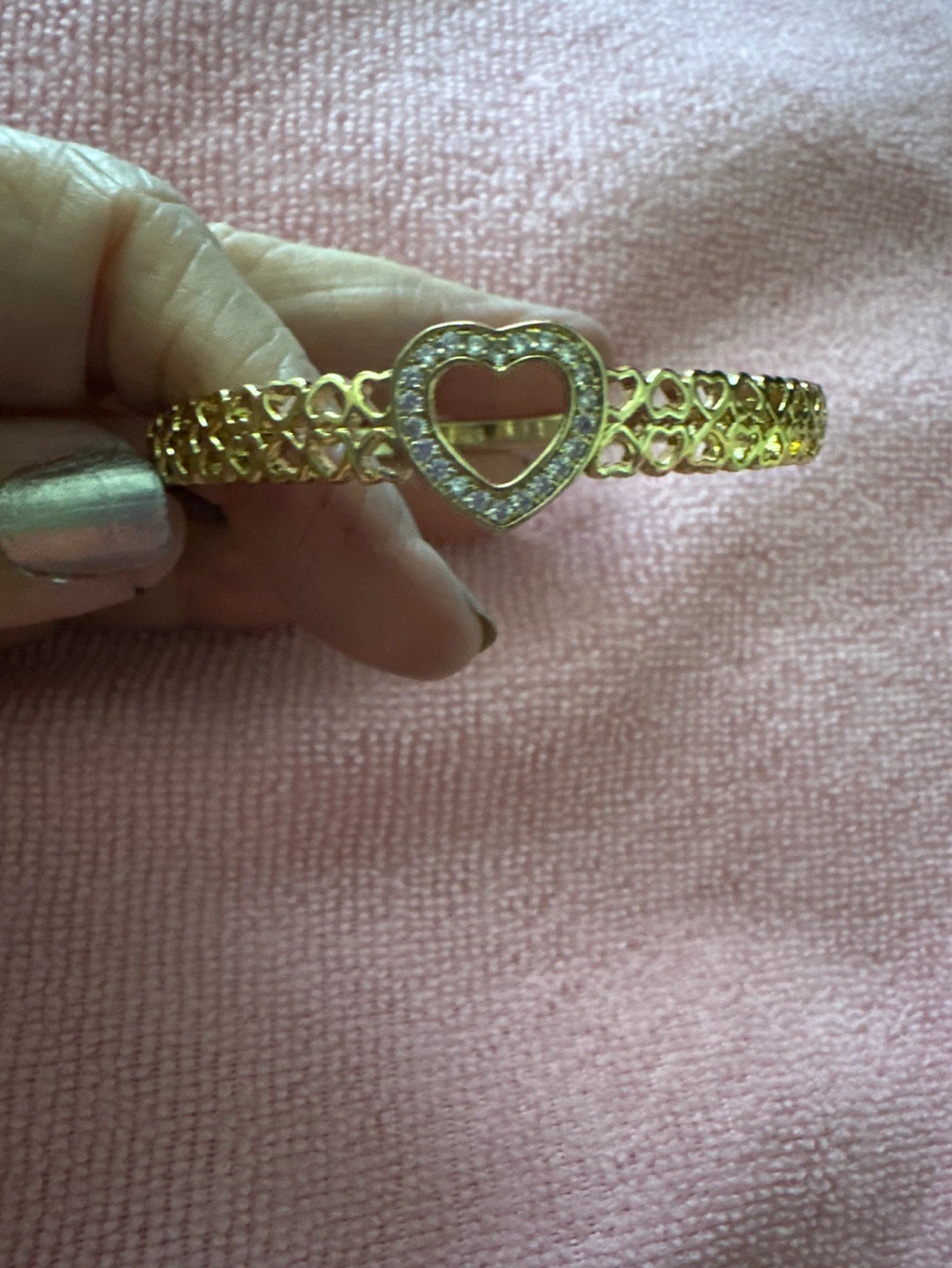 14k laminated Gold Heart Bracelet with Rhinestones