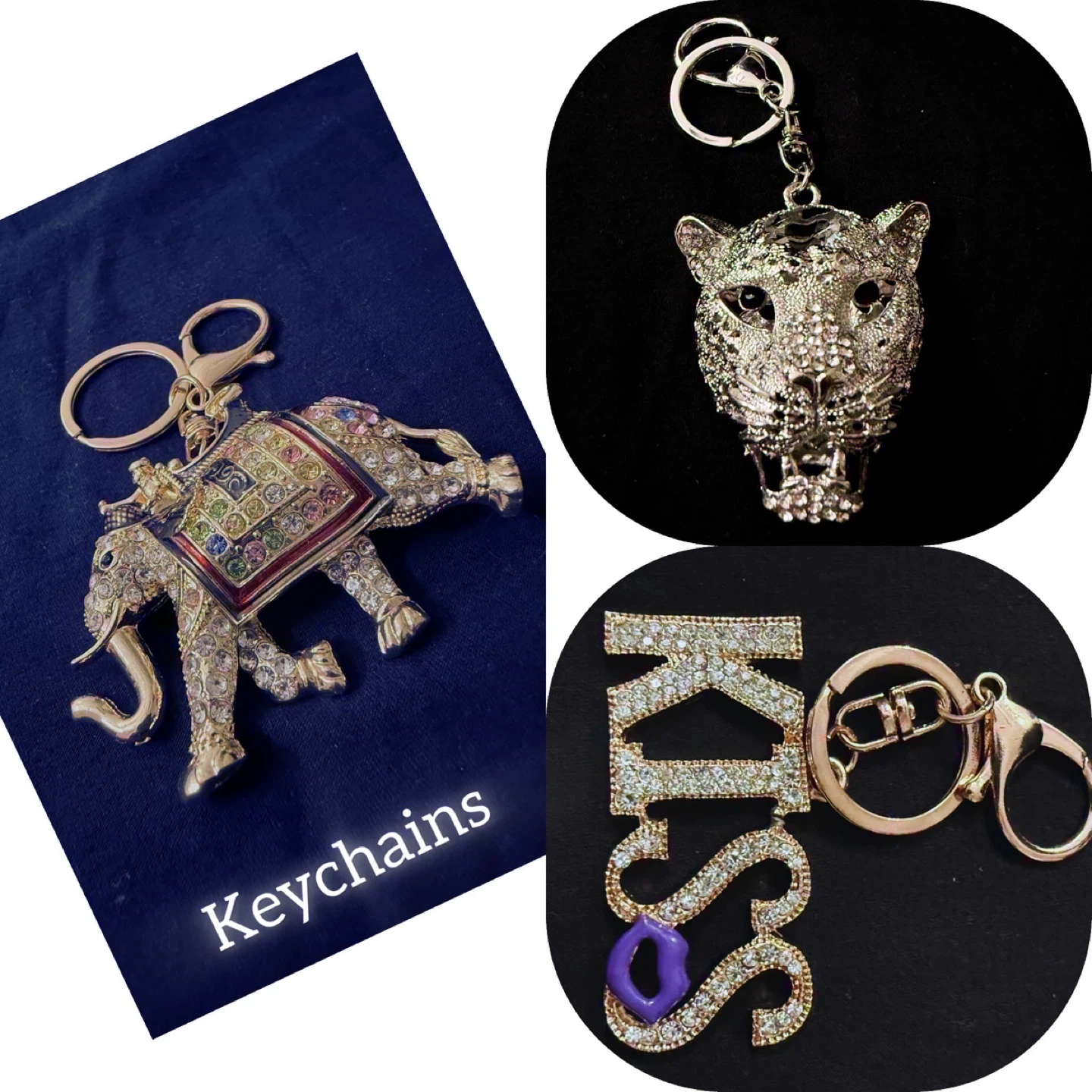 Jewelled Elephant, Tiger Head & KISS Keychains