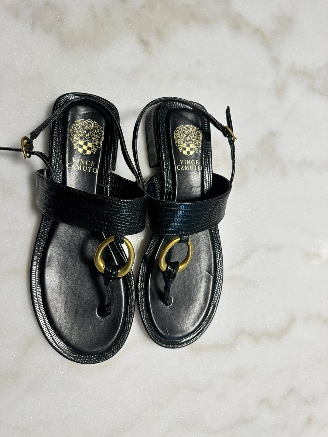 Vince Camuto Black Snake-Embossed Gold Ring Thong Sandals Size 8