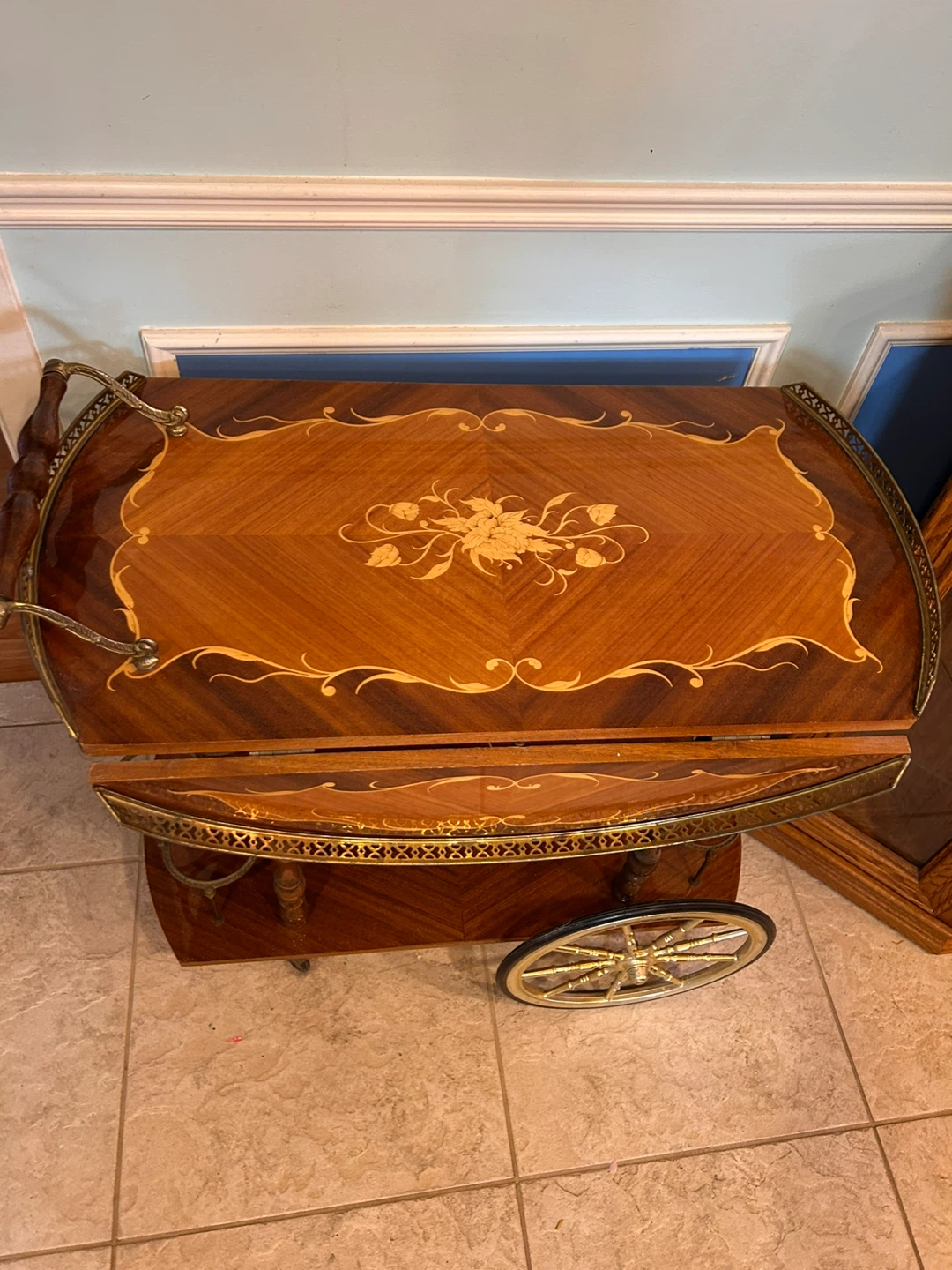 Vintage Wooden Bar Cart with Inlay and Wheels - photo 2