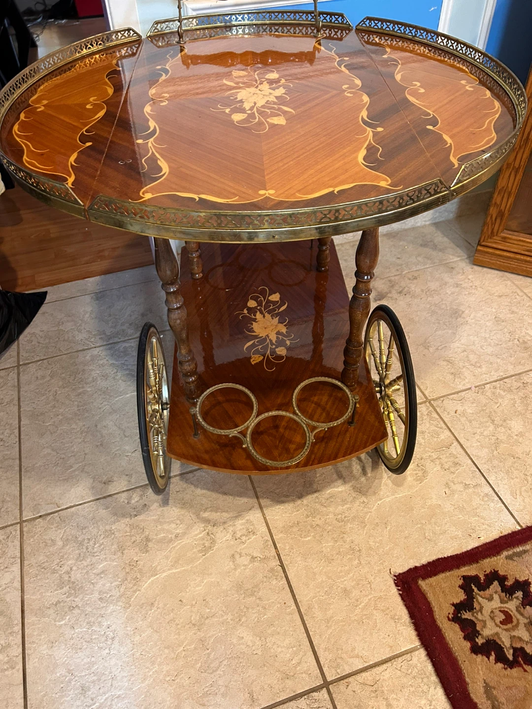 Vintage Wooden Bar Cart with Inlay and Wheels - photo 4