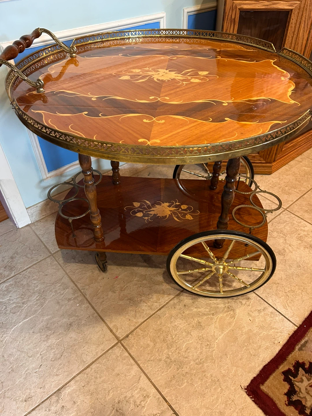 Vintage Wooden Bar Cart with Inlay and Wheels - photo 3