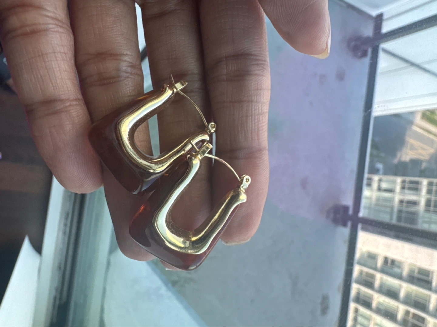 Amber and Gold Square Hoop Earrings