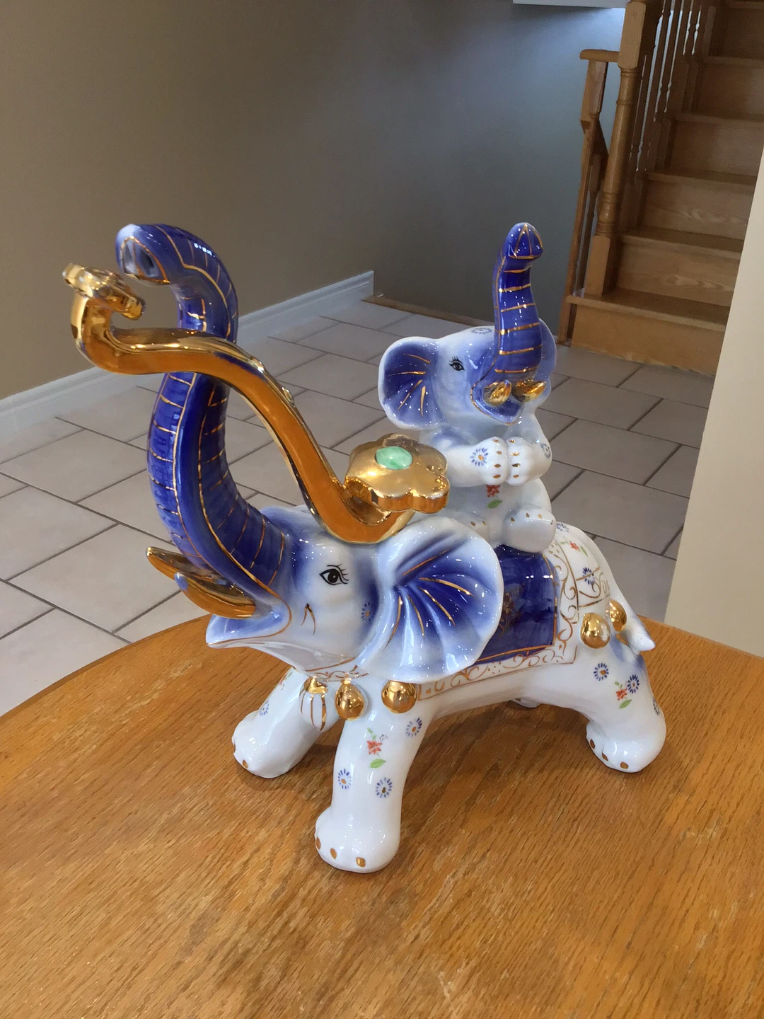 Blue and White Porcelain Elephant Figurine with Gold Accents - photo 2