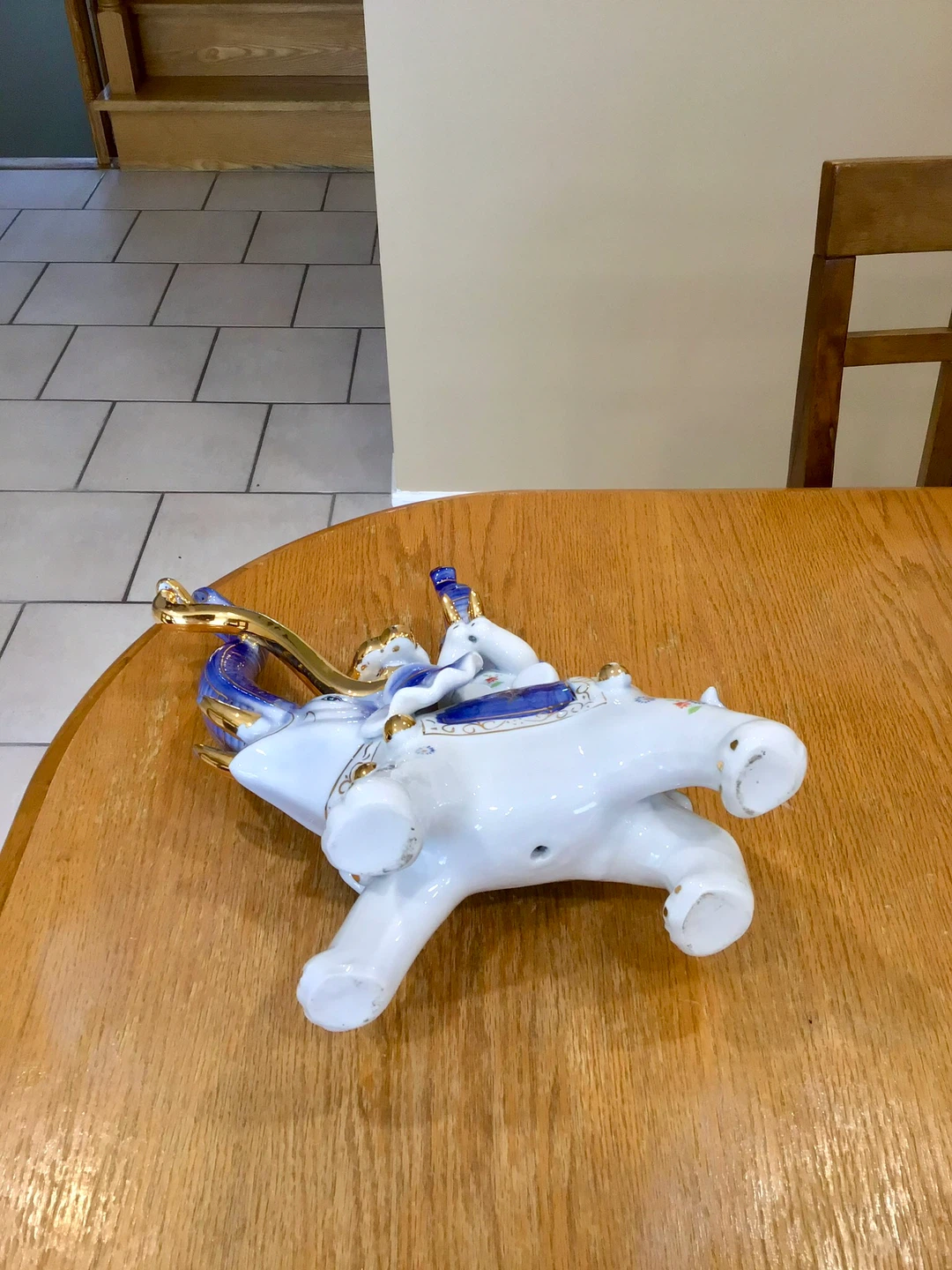 Blue and White Porcelain Elephant Figurine with Gold Accents - photo 3