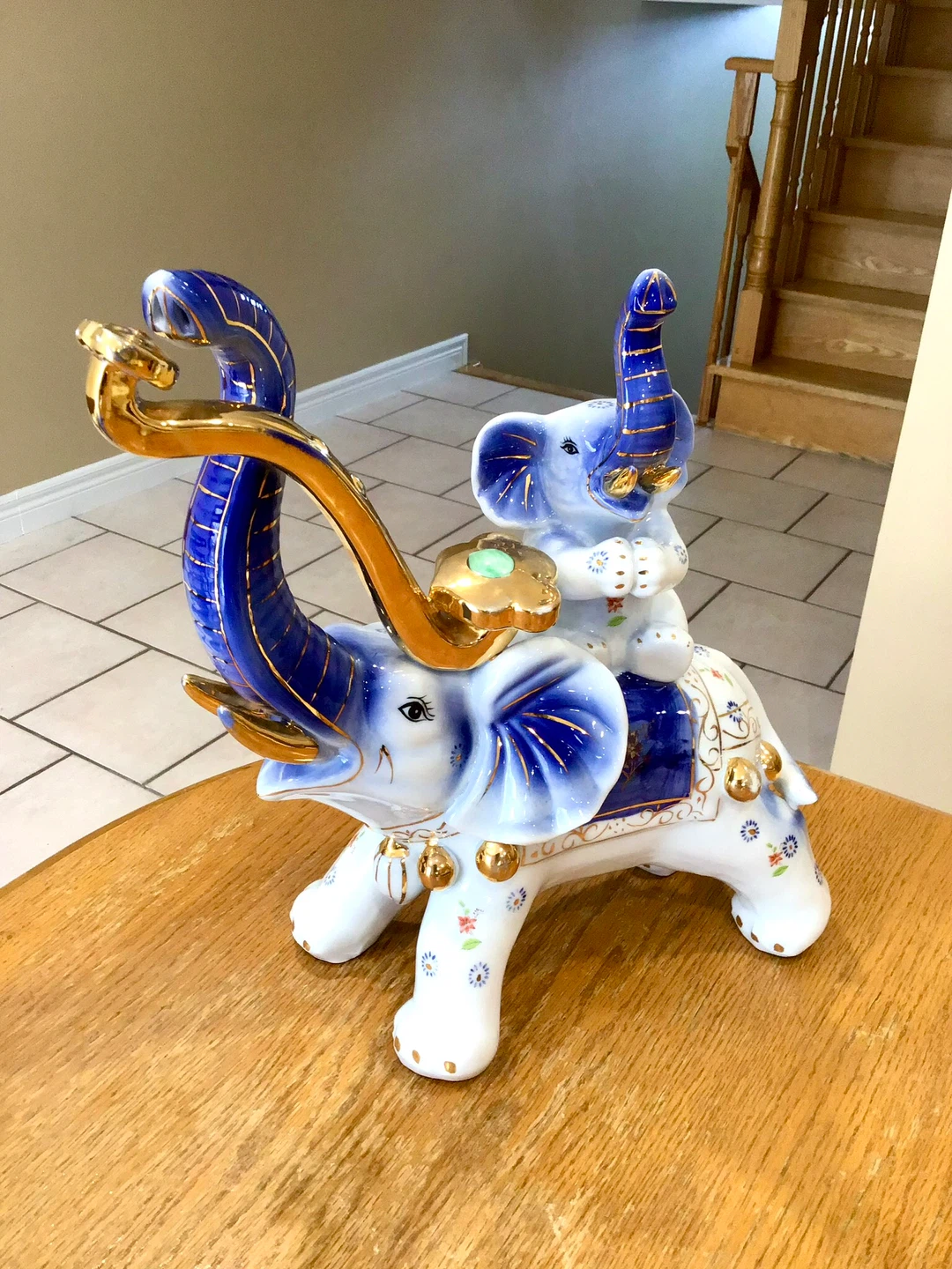 Blue and White Porcelain Elephant Figurine with Gold Accents