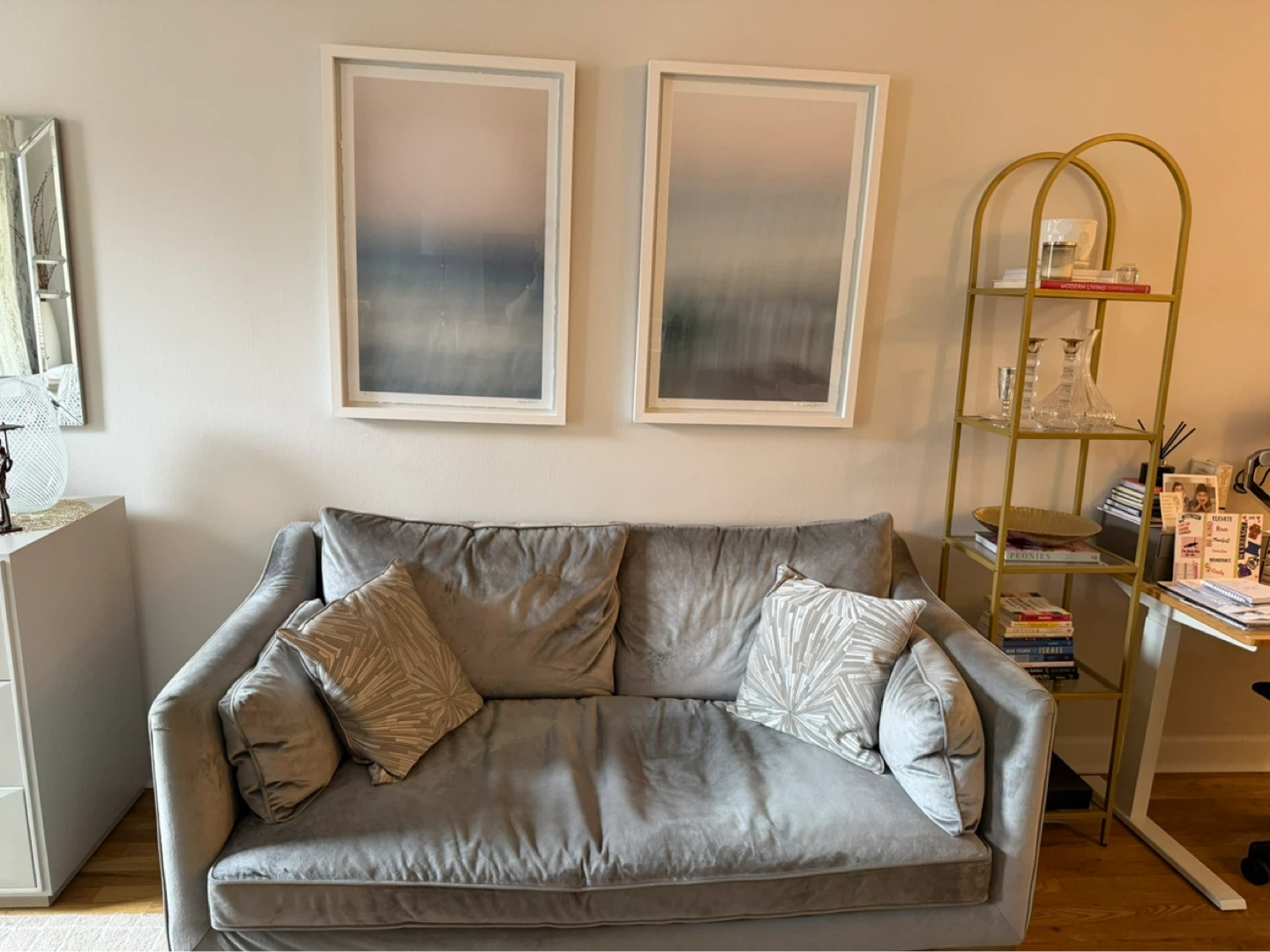 Interior Define Gray/Silver Velvet Sofa with Decorative Pillows