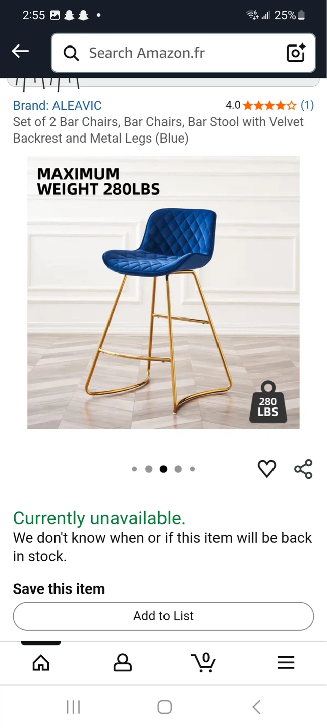 Set of 2 Blue Velvet Bar Stools with Gold Metal Legs - photo 3