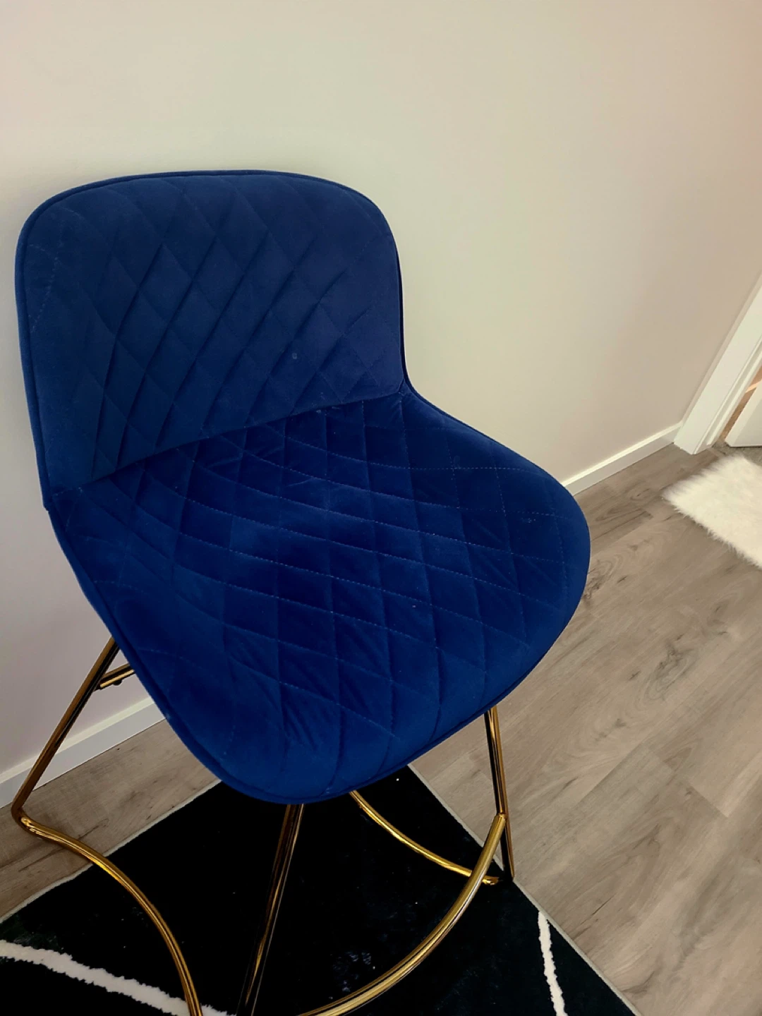 Set of 2 Blue Velvet Bar Stools with Gold Metal Legs